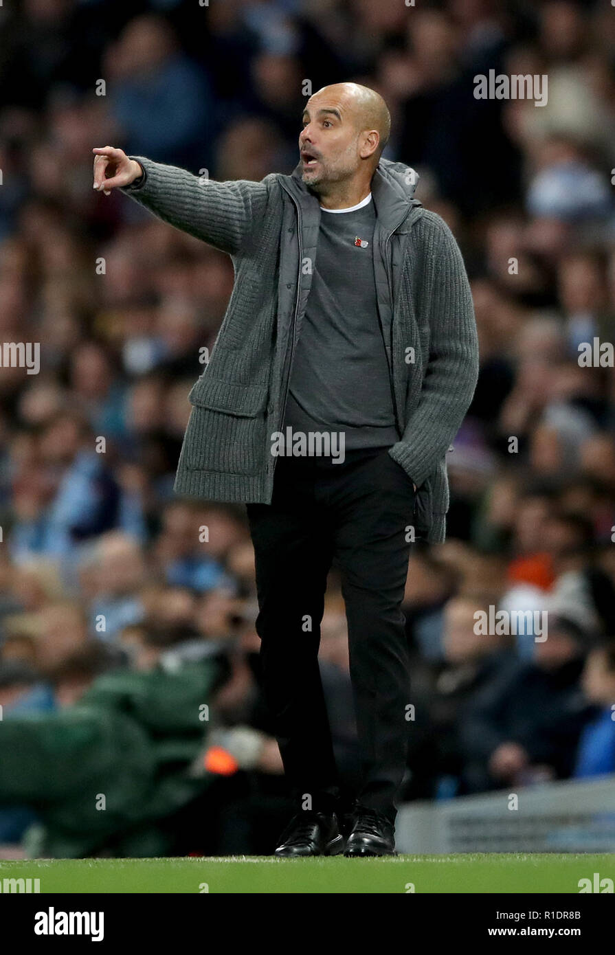 Il manager della città di Manchester Pep Guardiola gesta durante la partita della Premier League all'Etihad Stadium di Manchester. PREMERE ASSOCIAZIONE foto. Data immagine: Domenica 11 novembre 2018. Guarda la storia di calcio della PA Man City. Il credito fotografico dovrebbe essere: Nick Potts/PA Wire. RESTRIZIONI: Nessun utilizzo con audio, video, dati, elenchi di apparecchi, logo di club/campionato o servizi "live" non autorizzati. L'uso in-match online è limitato a 120 immagini, senza emulazione video. Nessun utilizzo nelle scommesse, nei giochi o nelle pubblicazioni di singoli club/campionati/giocatori. Foto Stock