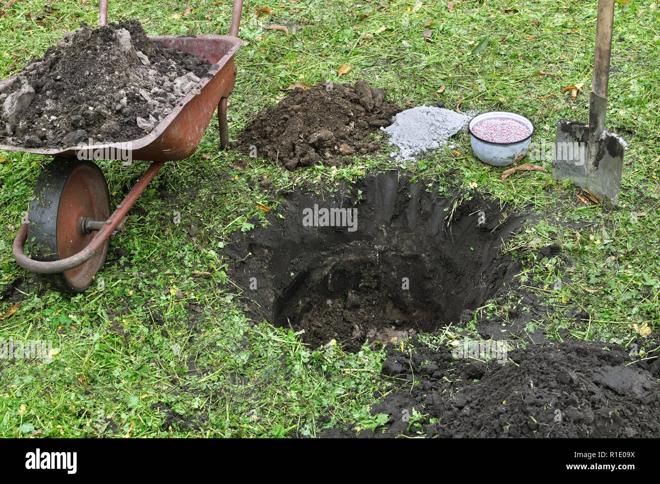 Buca di atterraggio pronto per piantare alberi da frutto alberello, terra nera,carriola,pala,concime fertilizzante,,ceneri Foto Stock