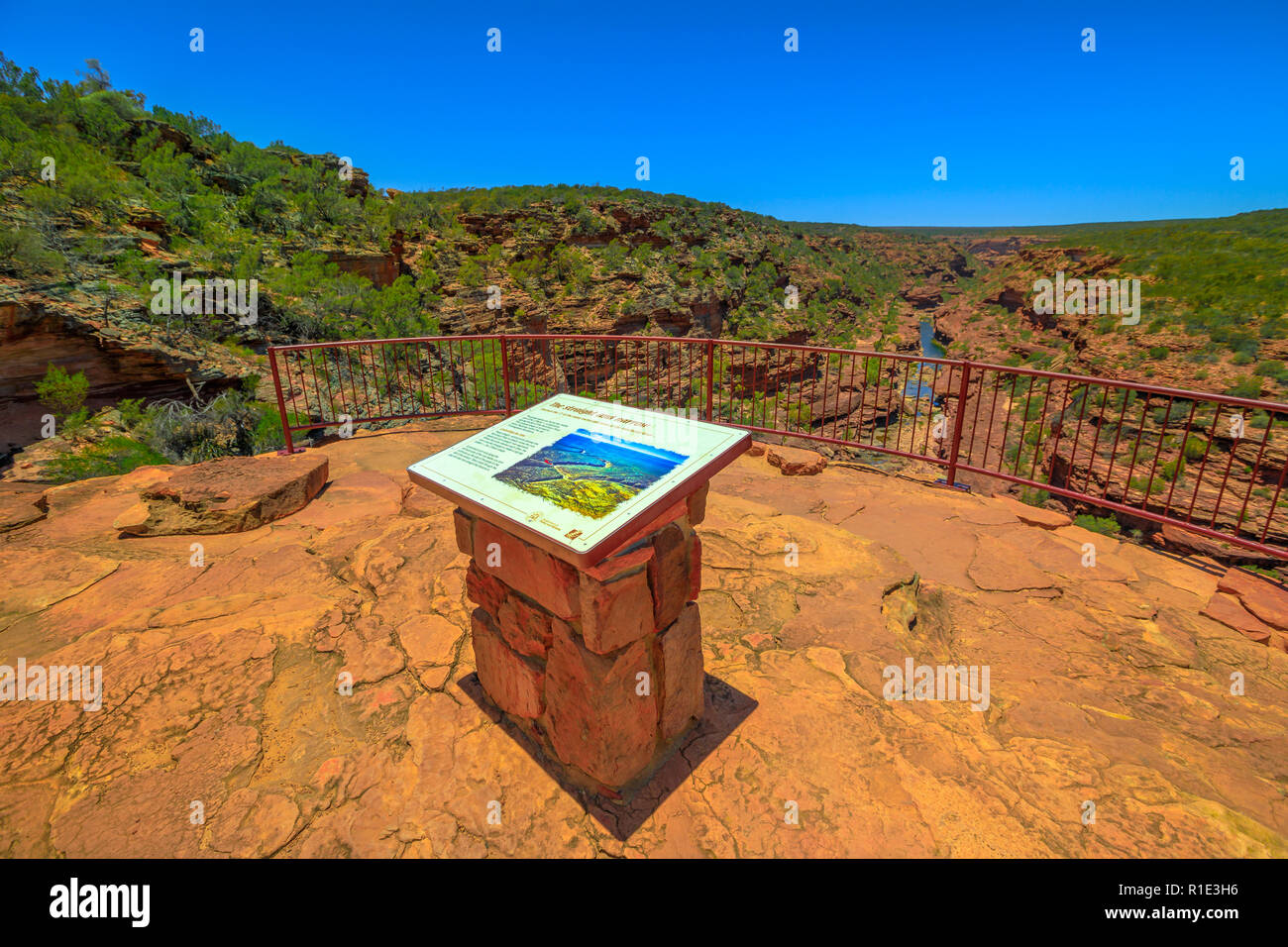 Kalbarri, Australia - 19 DIC 2017: segno interpretative informazioni a Z-Bend lookout di Murchison River, una facile distanza a piedi da una roccia spettacolare belvedere che si affaccia sul fiume. Kalbarri National Park, WA. Foto Stock