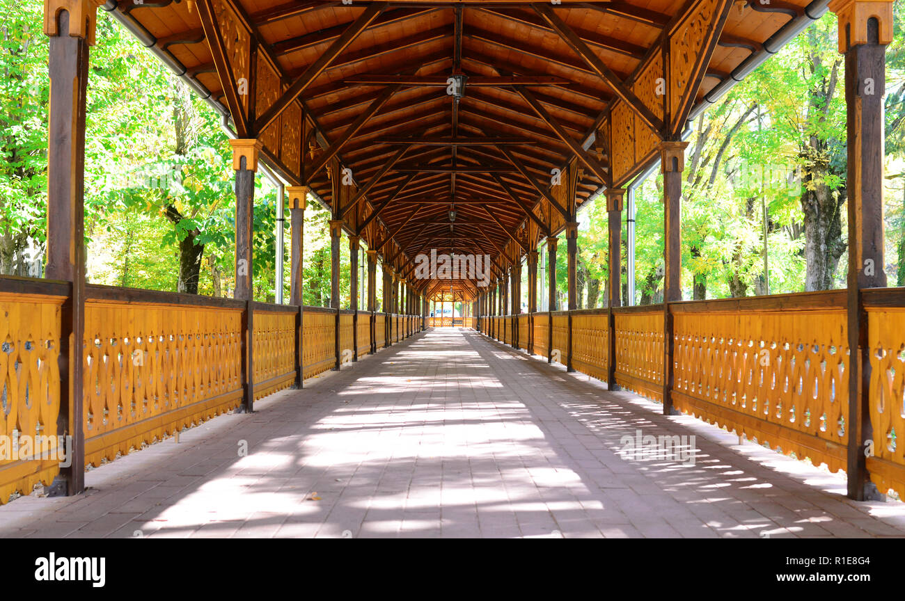 Città Buzias Romania legno colonnato coperto distintiva architettura Foto Stock