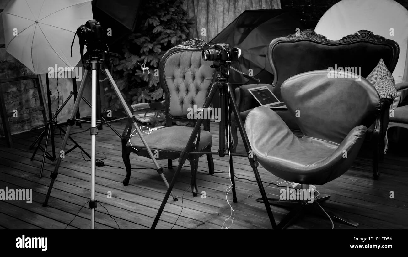Bianco e nero, Backstage. Le riprese di un film o di un video in una studio Foto Stock