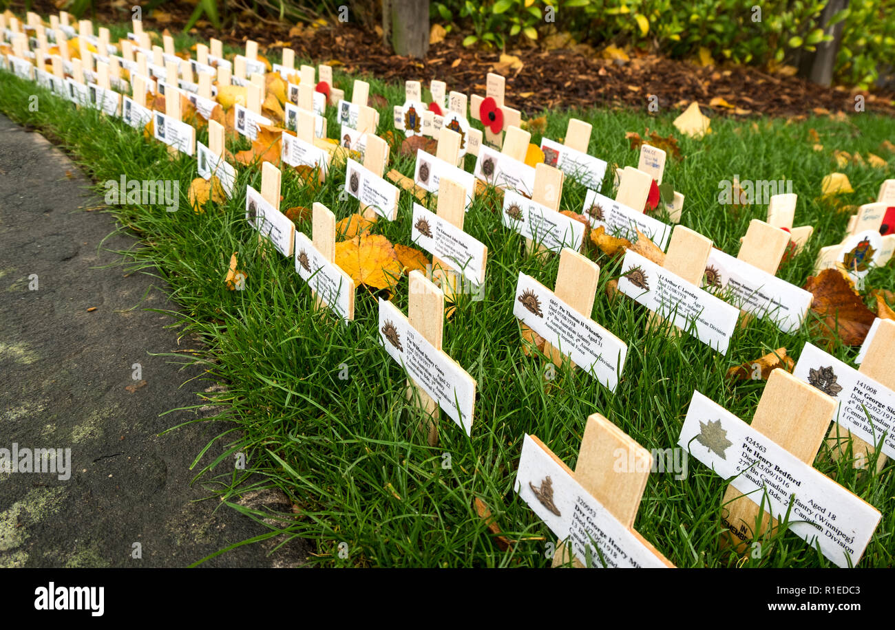 Ranghi di croci di legno recanti i nomi di coloro che sono morti in WW1 dalla città di Long Eaton, Derbyshire, Regno Unito Foto Stock