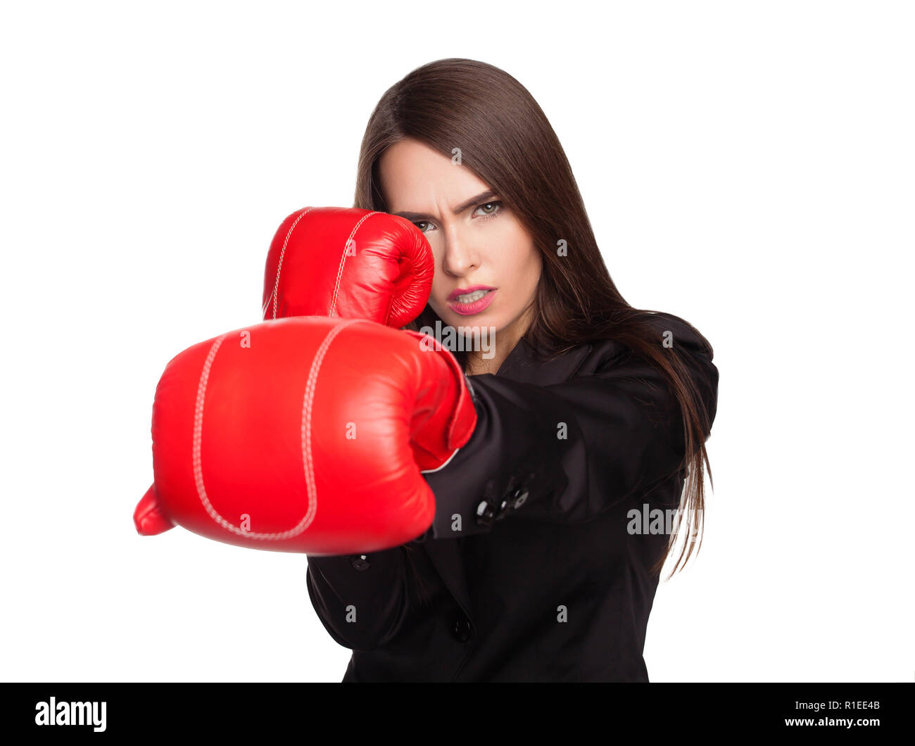 Donna con i guantoni Foto Stock