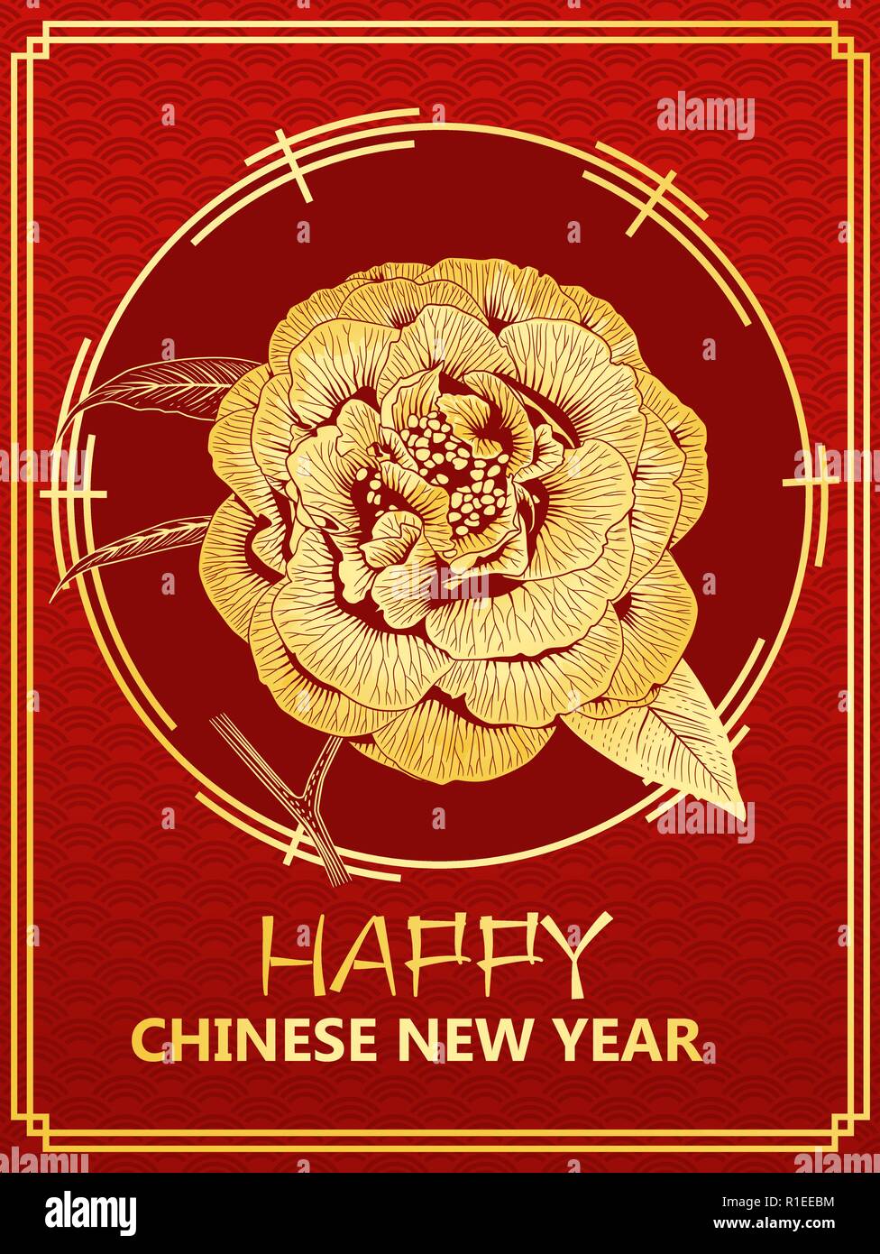 Anno Nuovo Cinese carta regalo con golden peonia forma camellia fiore sulla scala del drago sfondo illustrazione vettoriale Illustrazione Vettoriale