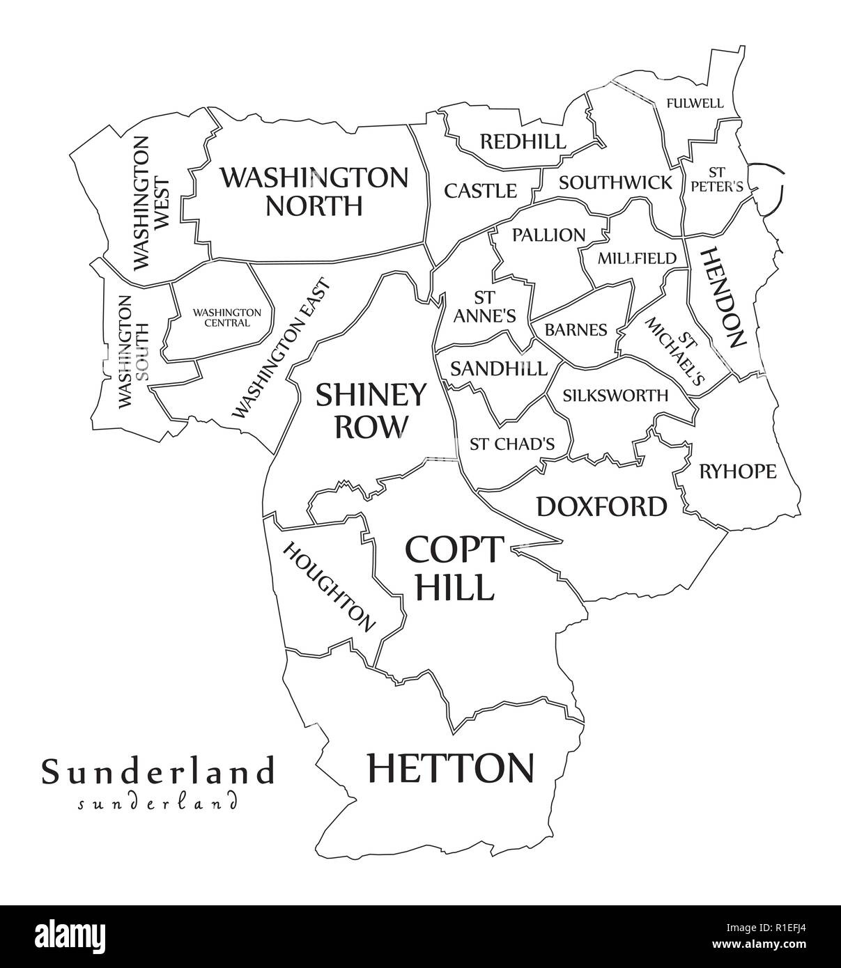 Città moderna - Mappa Sunderland città di Inghilterra con reparti di degenza e titoli del Regno Unito mappa di contorno Illustrazione Vettoriale