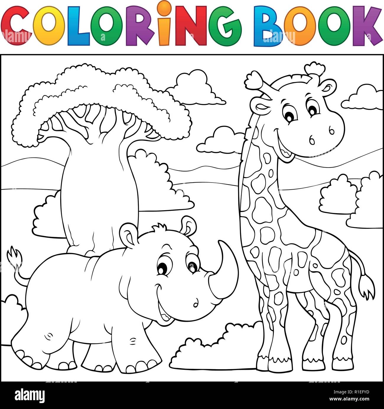 Libro da colorare natura africana argomento 2 - eps10 illustrazione vettoriale. Illustrazione Vettoriale
