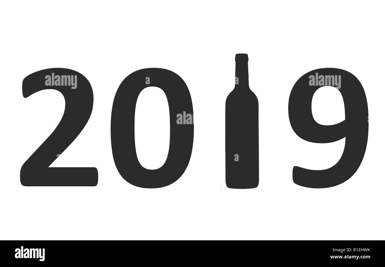 Nuovo anno celebrazione con vino 2019 su sfondo bianco Foto Stock