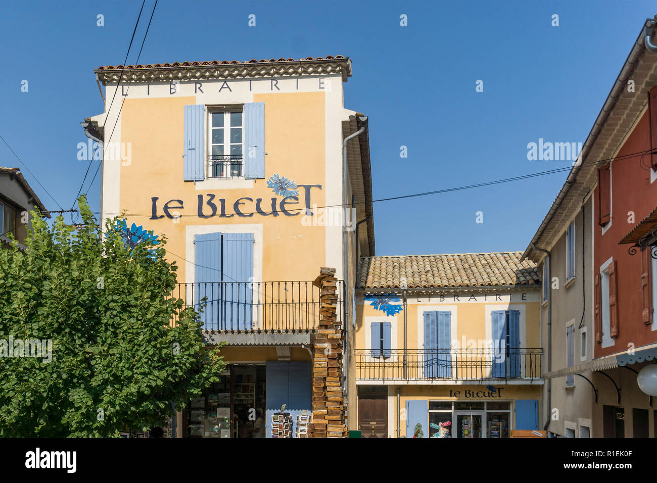 Bookshop ingresso, in Banon (Francia). Librairie les 'Bleuets', à Banon, Foto Stock