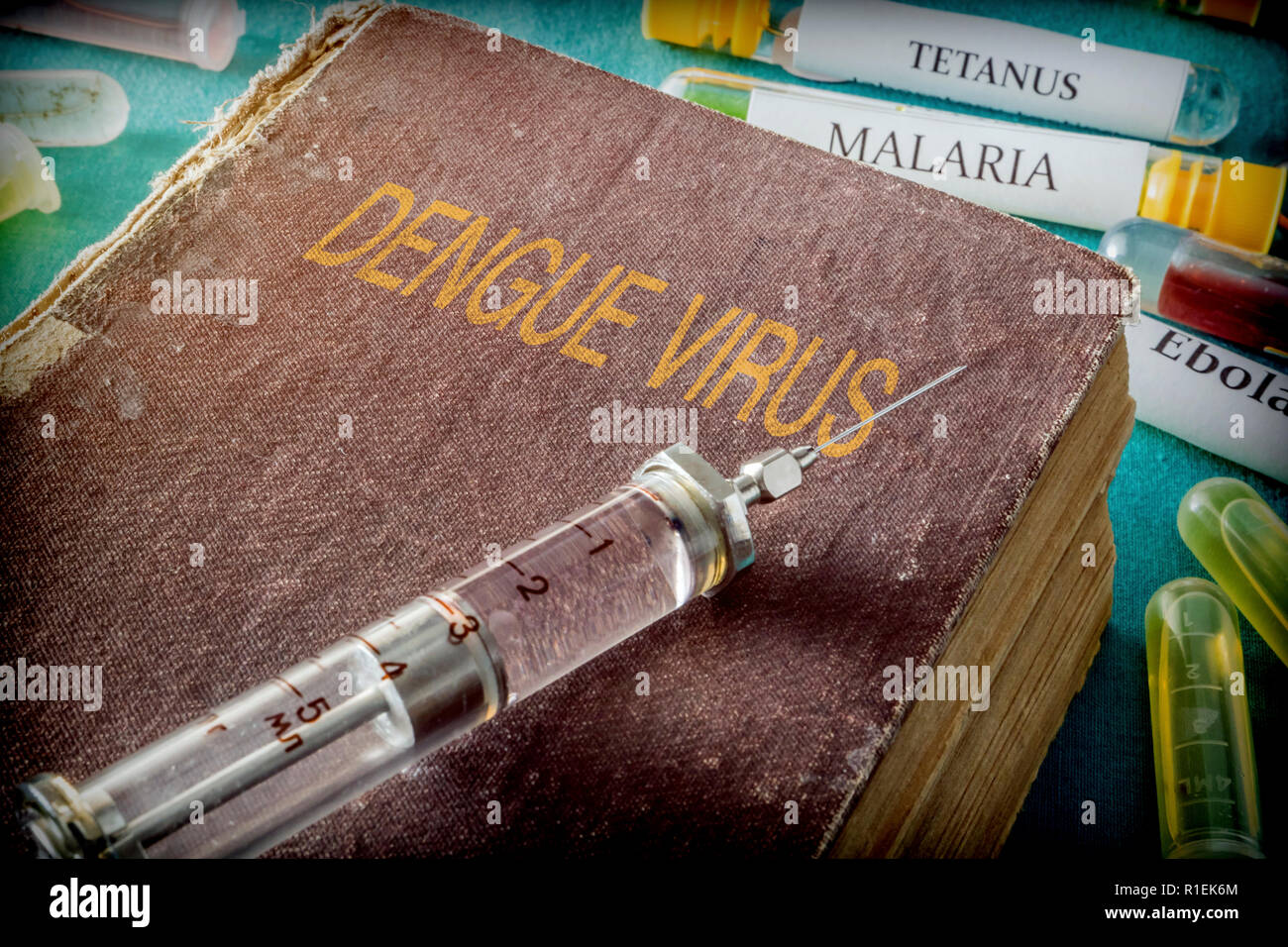 Siringa su un vecchio libro sul virus Dengue, immagine concettuale Foto Stock