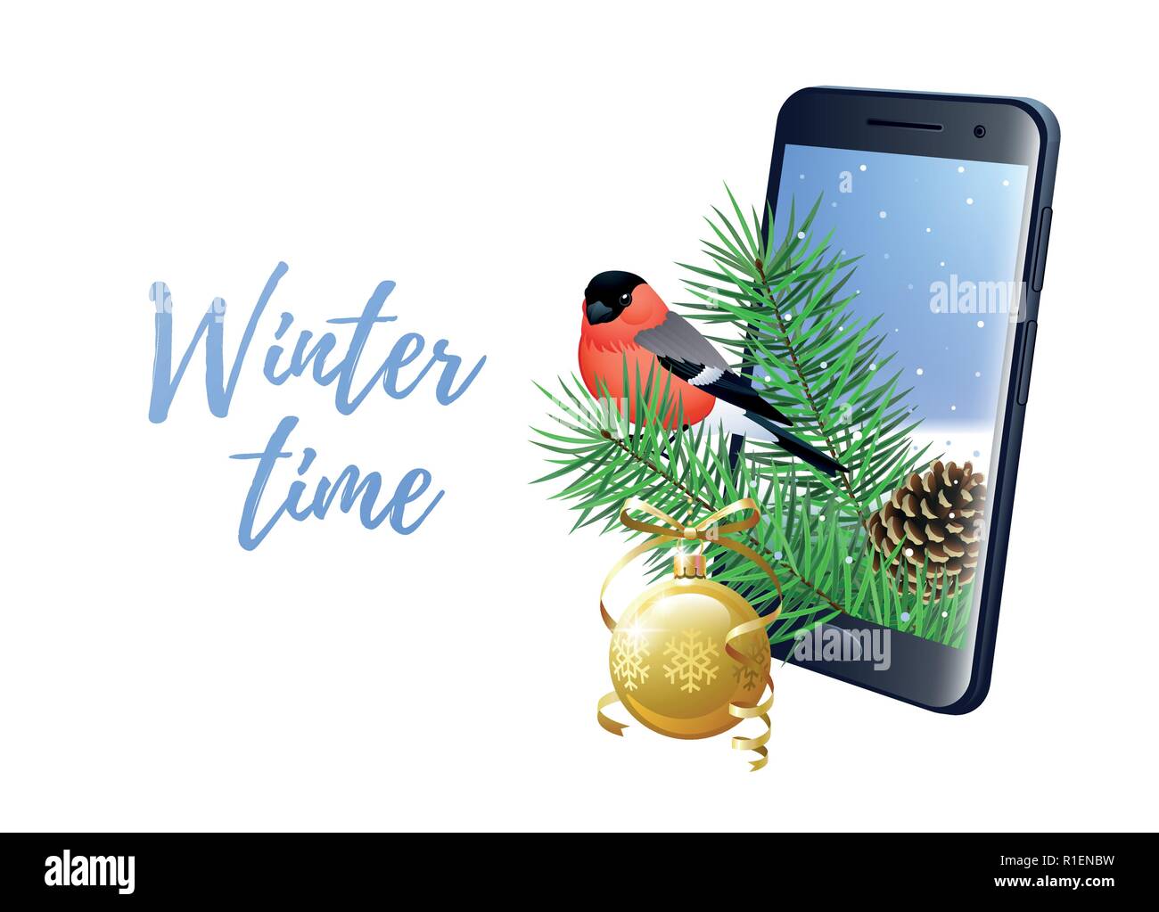 In inverno il concetto di tempo con lo smartphone, bullfinch, Pigna, rami di pino e palla di Natale. Illustrazione Vettoriale. Illustrazione Vettoriale
