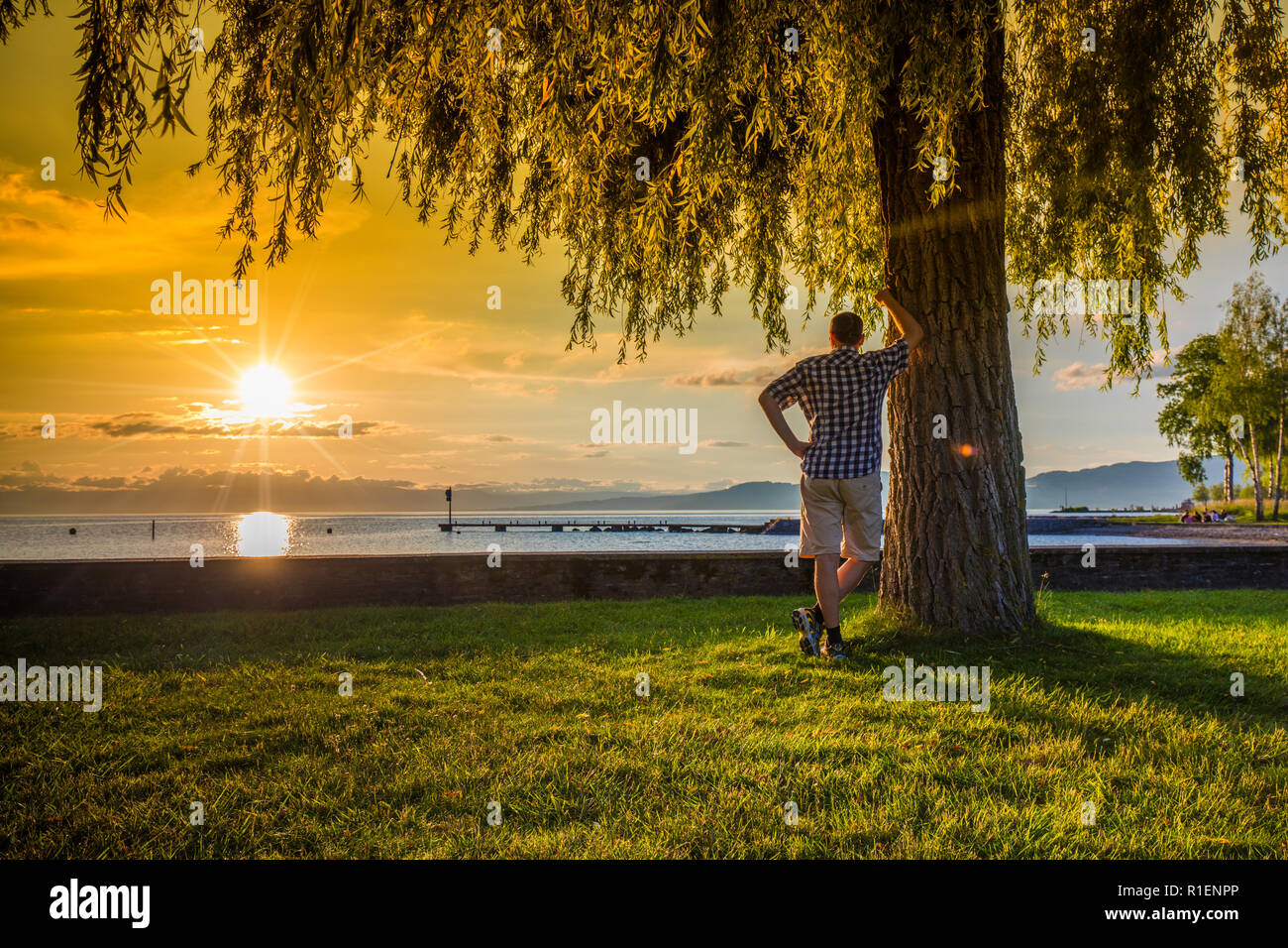 Giovane di godersi il tramonto sul Lago di Ginevra vicino la città di Montreux, Regione di Lavaux, Canton Vaud, Svizzera, Europa. Foto Stock