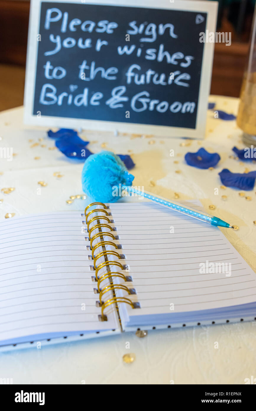 Scrivere il vostro desiderio la sposa e lo sposo o un delizioso coppie in viaggio di nozze con un colorato penna blu. Segno su una visita a libro. Futura sposa e lo sposo. Foto Stock