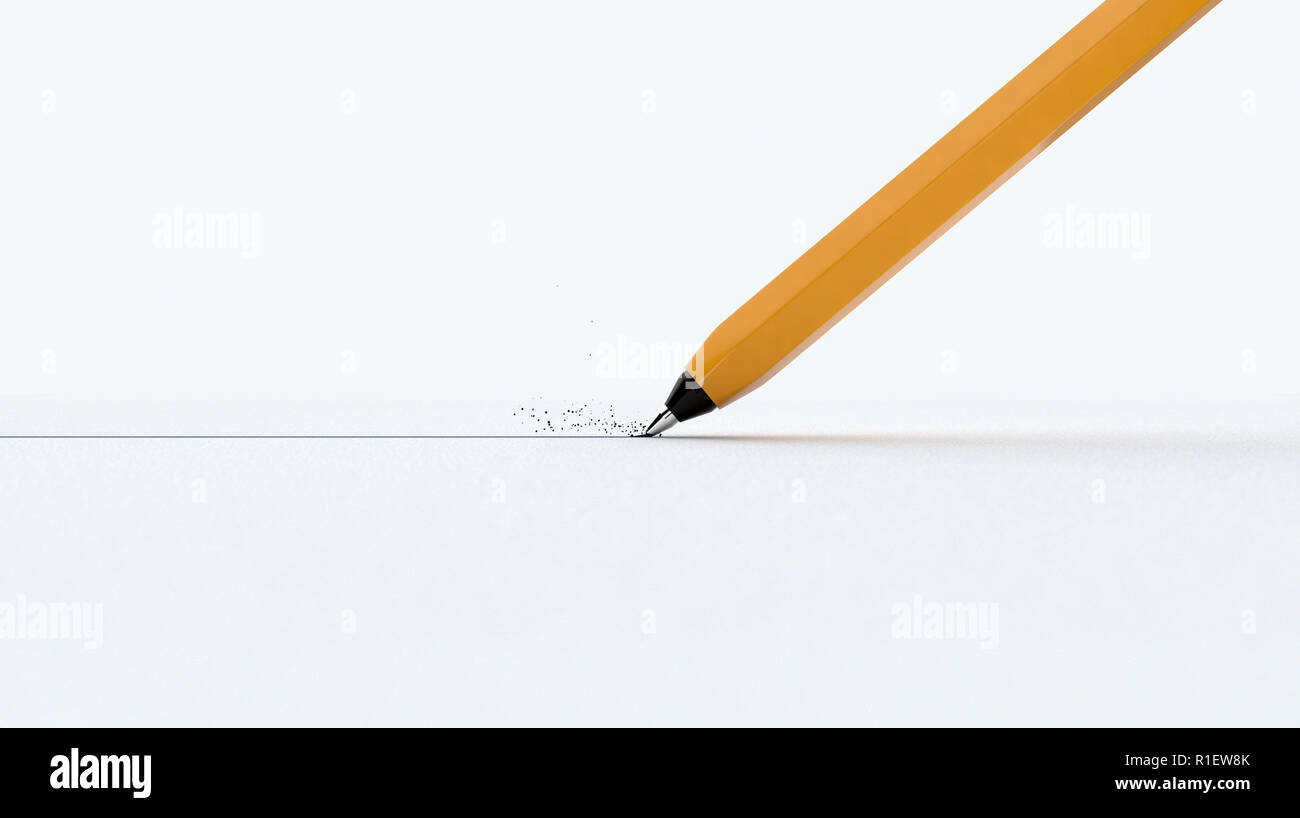 Una vista ingrandita di una normale penna a sfera il disegno di una retta linea di inchiostro su una trama della superficie della carta - 3D render Foto Stock