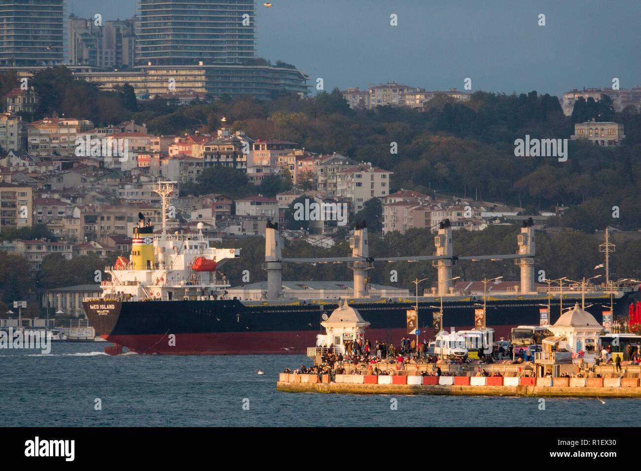 Nave passando attraverso il Bosforo ad Istanbul in Turchia Foto Stock