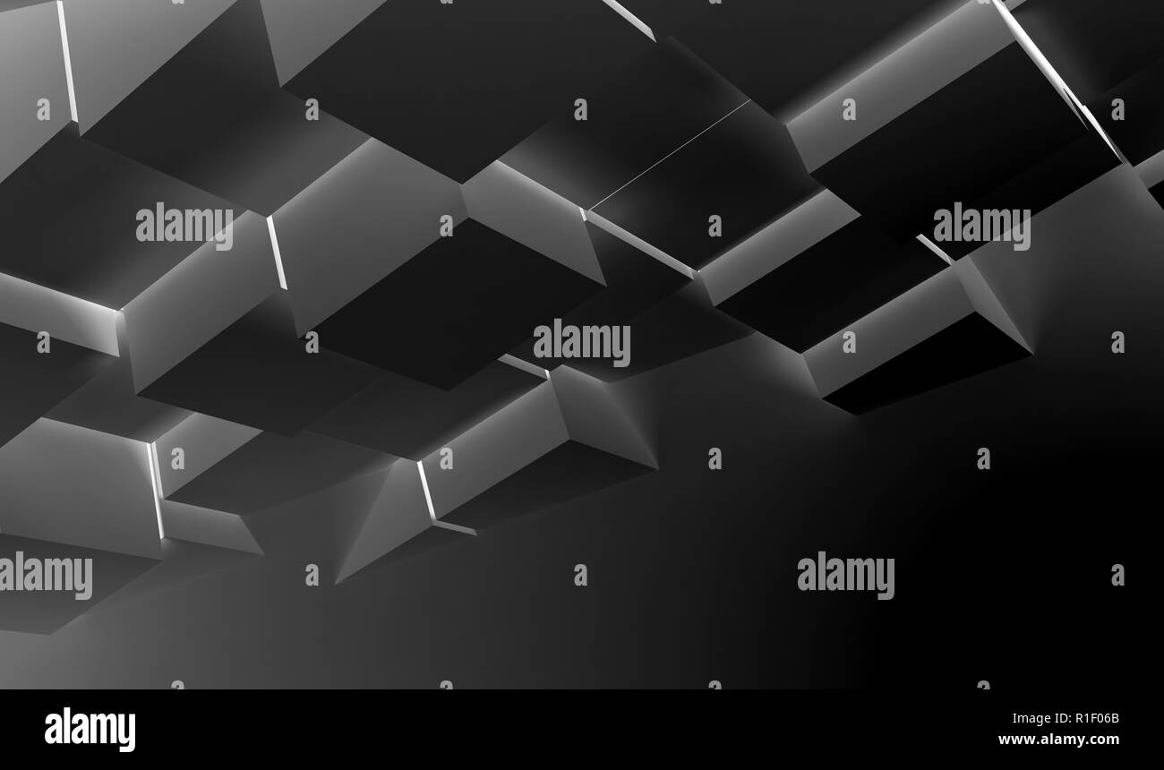 Abstract grafica digitale con sfondo nero cubi luminosi l'installazione. 3d illustrazione Foto Stock