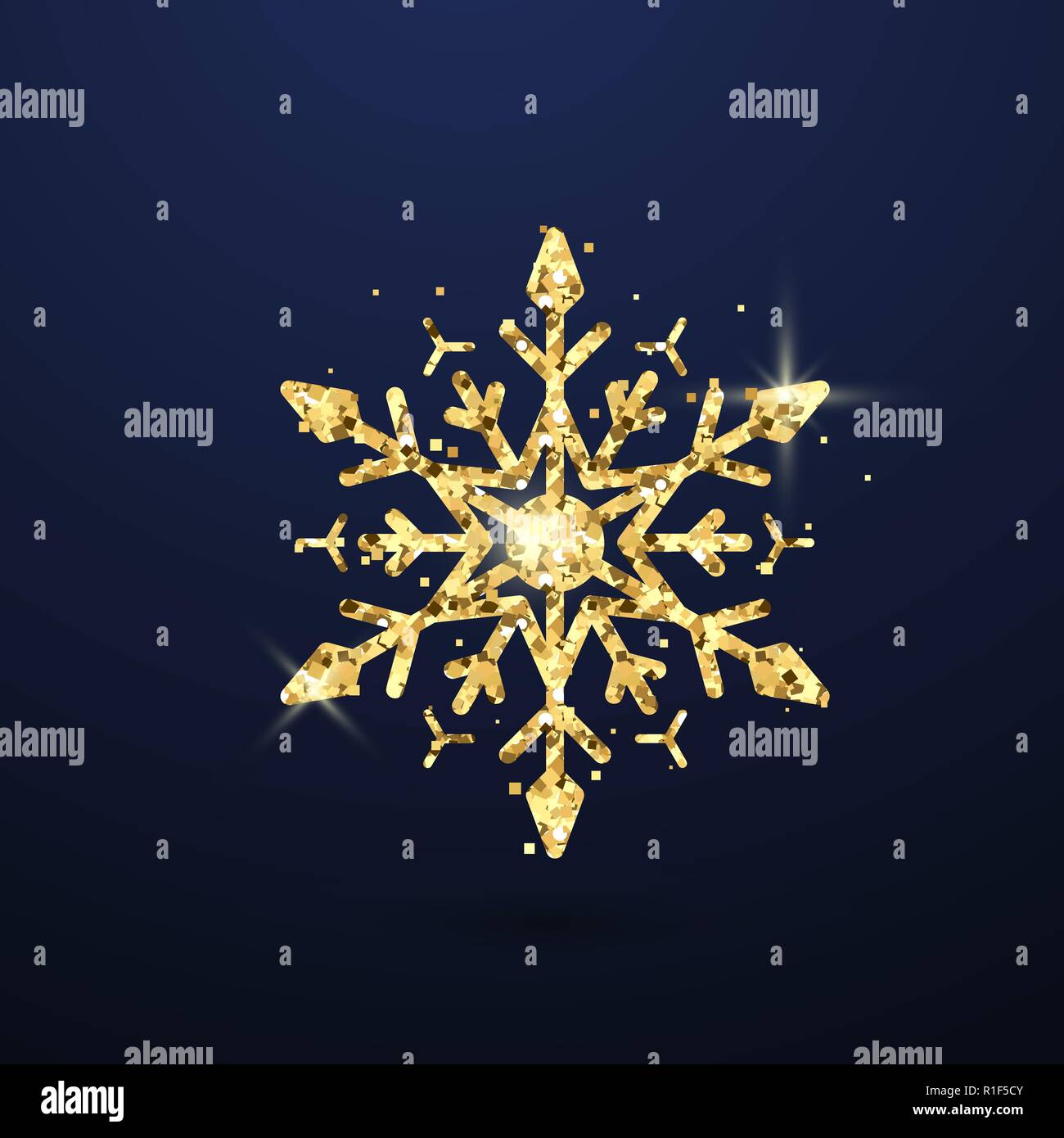 Festive golden il simbolo del fiocco di neve isolato su sfondo scuro. Capodanno e la magia del Natale decorazione simbolo. Illustrazione Vettoriale Illustrazione Vettoriale