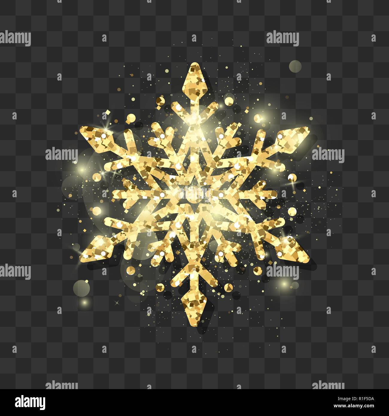 Simbolo del Capodanno e Natale elegante golden glitter il simbolo del fiocco di neve. Abstract schema a fiocco di neve. Illustrazione di vettore isolato su backgro trasparente Illustrazione Vettoriale