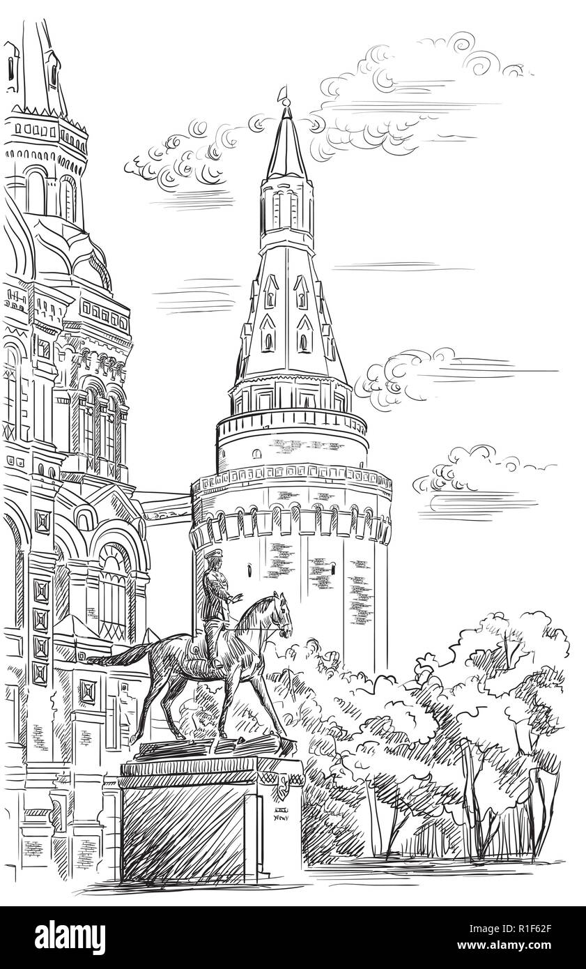 Paesaggio di Torre del Cremlino, il museo storico statale e il monumento al maresciallo Zhukov (Piazza Rossa di Mosca, Russia) vettore isolato del disegno a mano illustrat Illustrazione Vettoriale