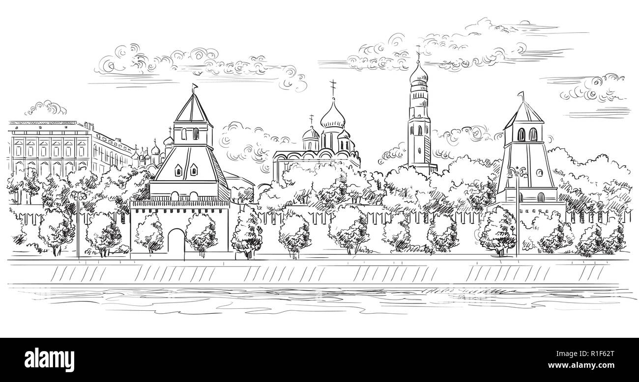 Paesaggio di argine di torri del Cremlino di Mosca e il fiume (Piazza Rossa di Mosca, Russia) vettore isolato del disegno a mano illustrazione in colore nero sul wh Illustrazione Vettoriale