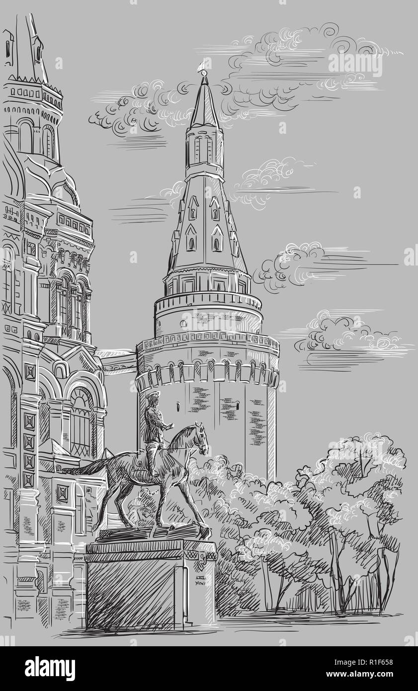 Paesaggio di Torre del Cremlino, il museo storico statale e il monumento al maresciallo Zhukov (Piazza Rossa di Mosca, Russia) vettore isolato del disegno a mano illustrat Illustrazione Vettoriale