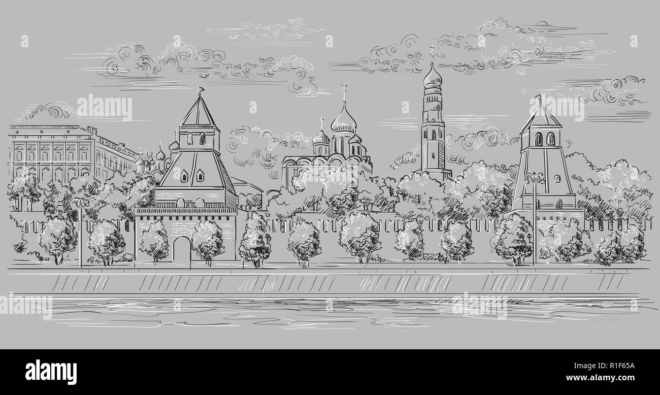 Paesaggio di argine di torri del Cremlino di Mosca e il fiume (Piazza Rossa di Mosca, Russia) vettore isolato del disegno a mano illustrazione in bianco e nero c Illustrazione Vettoriale