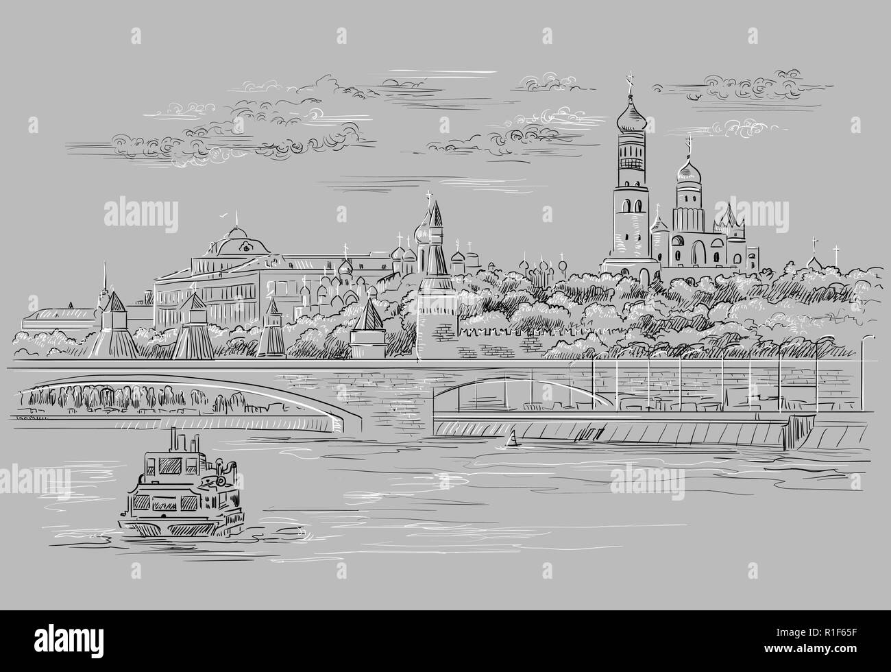 Paesaggio di argine del Cremlino torri e ponte sul fiume di Mosca (Piazza Rossa di Mosca, Russia) vettore isolato del disegno a mano illustrazione in bla Illustrazione Vettoriale