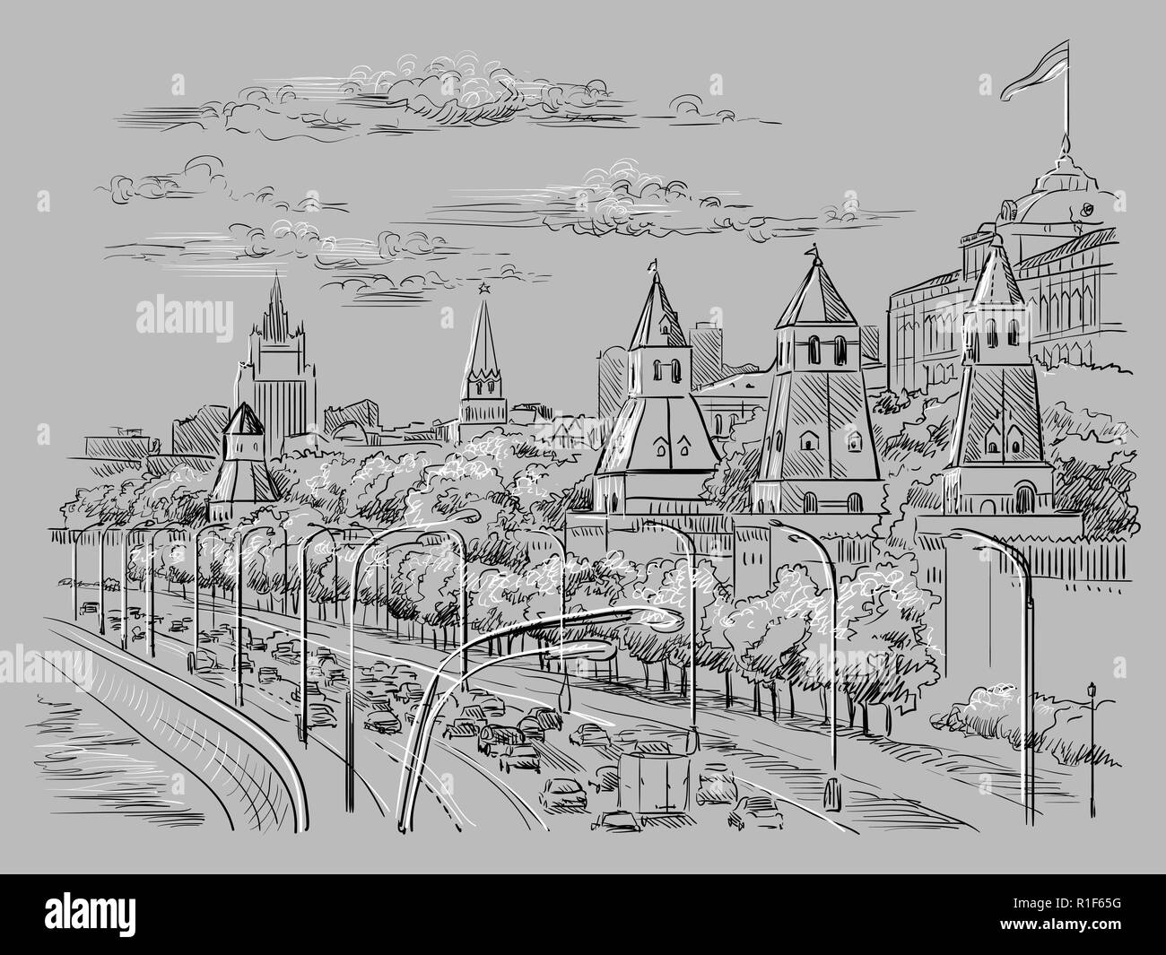 Paesaggio di argine di torri del Cremlino di Mosca e il fiume (Piazza Rossa di Mosca, Russia) vettore isolato del disegno a mano illustrazione in bianco e nero c Illustrazione Vettoriale