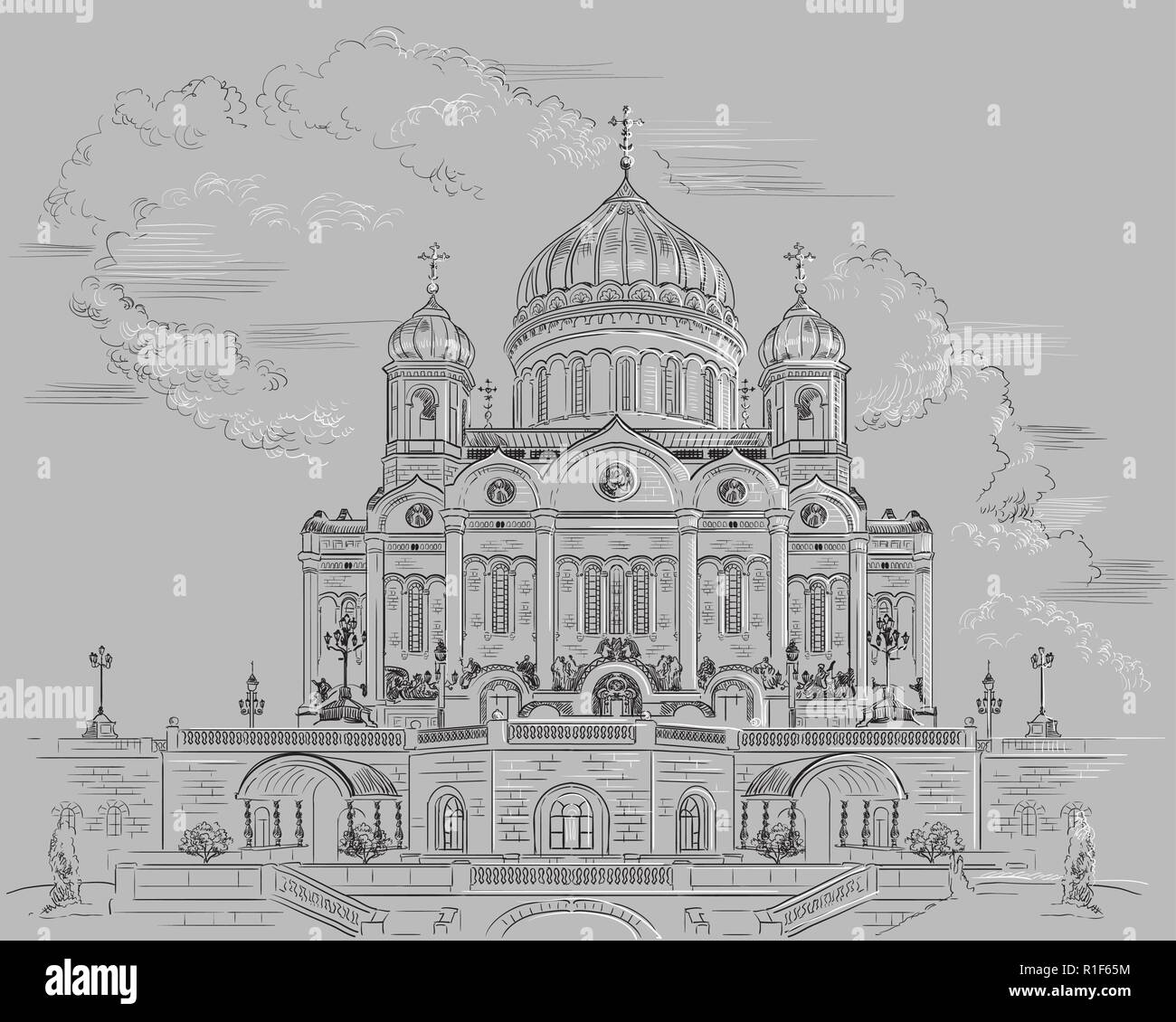 Paesaggio della Cattedrale di Cristo Salvatore (Mosca, Russia) vettore isolato del disegno a mano illustrazione nei colori bianco e nero su sfondo grigio Illustrazione Vettoriale
