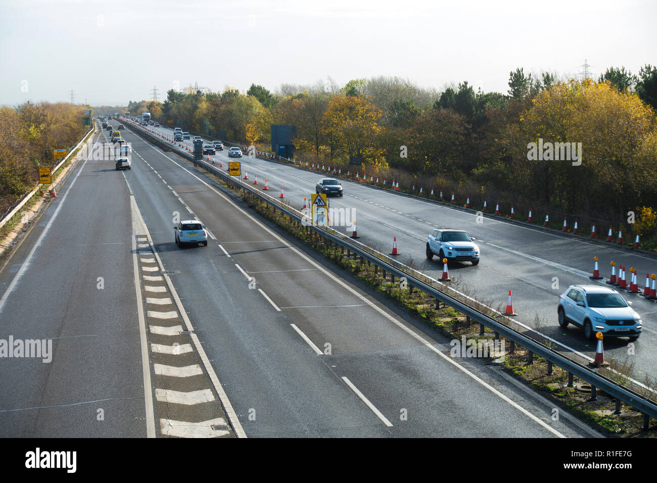 A14 guardando ad est opere stradali fine Milton giunzione 10/11/2018 Foto Stock