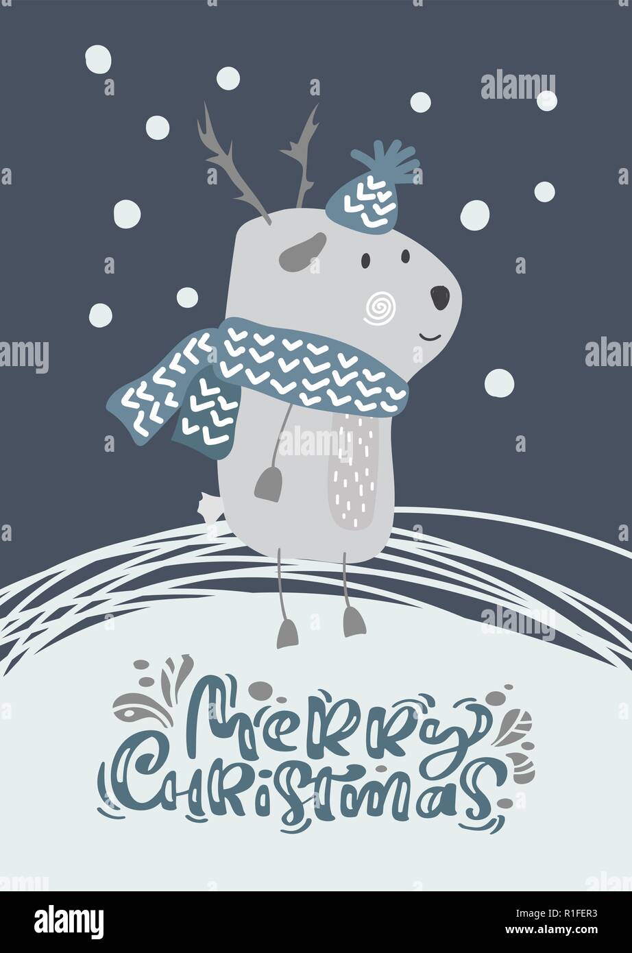Natale vettore scandinavo cervi nel cappello e sciarpa con testo Merry Christmas illustration design. Carino bambi vettore animale. Merry Xmas greeting card Illustrazione Vettoriale
