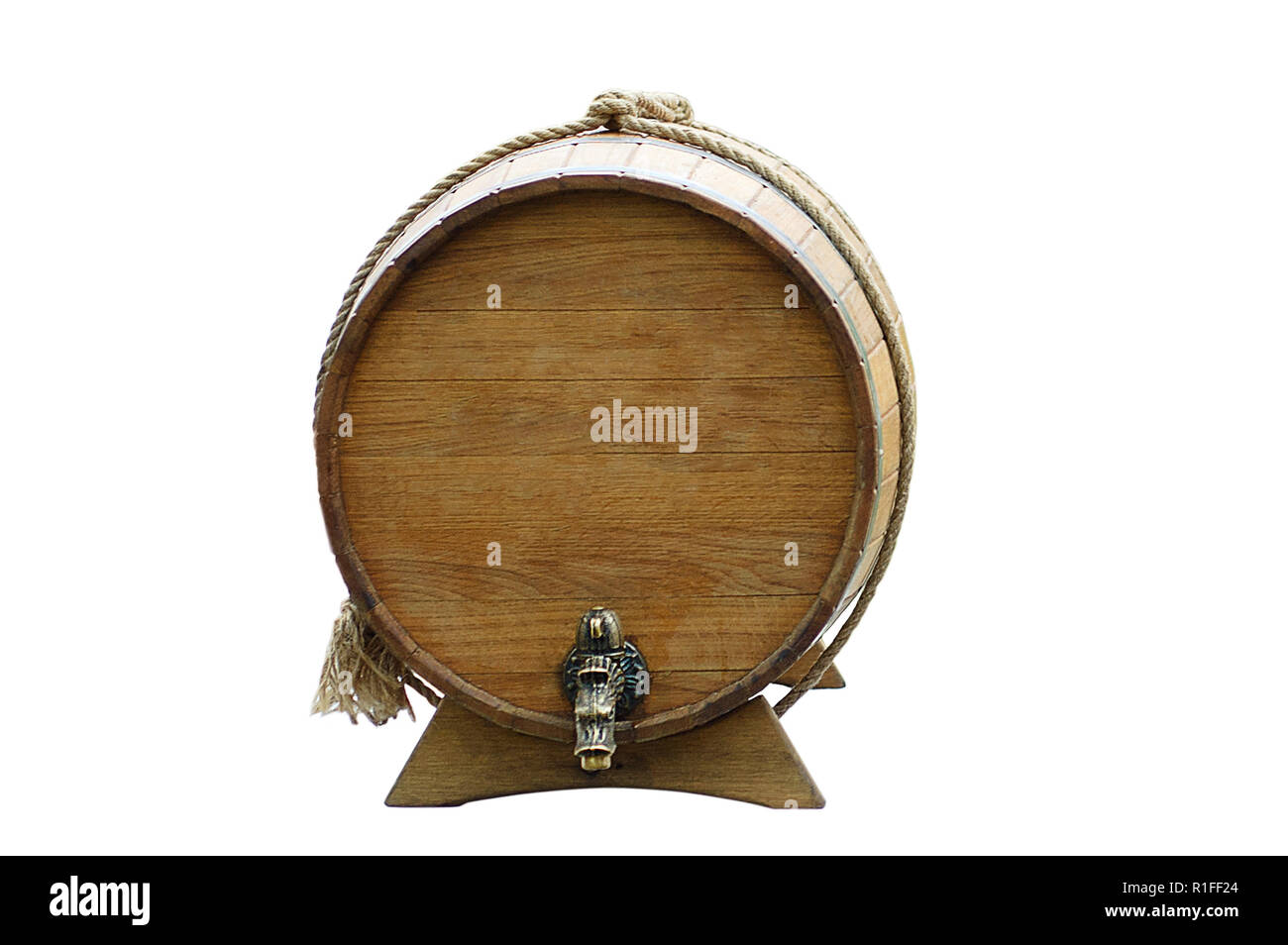 Un vino Barile di legno. Isolare bianco. Foto Stock