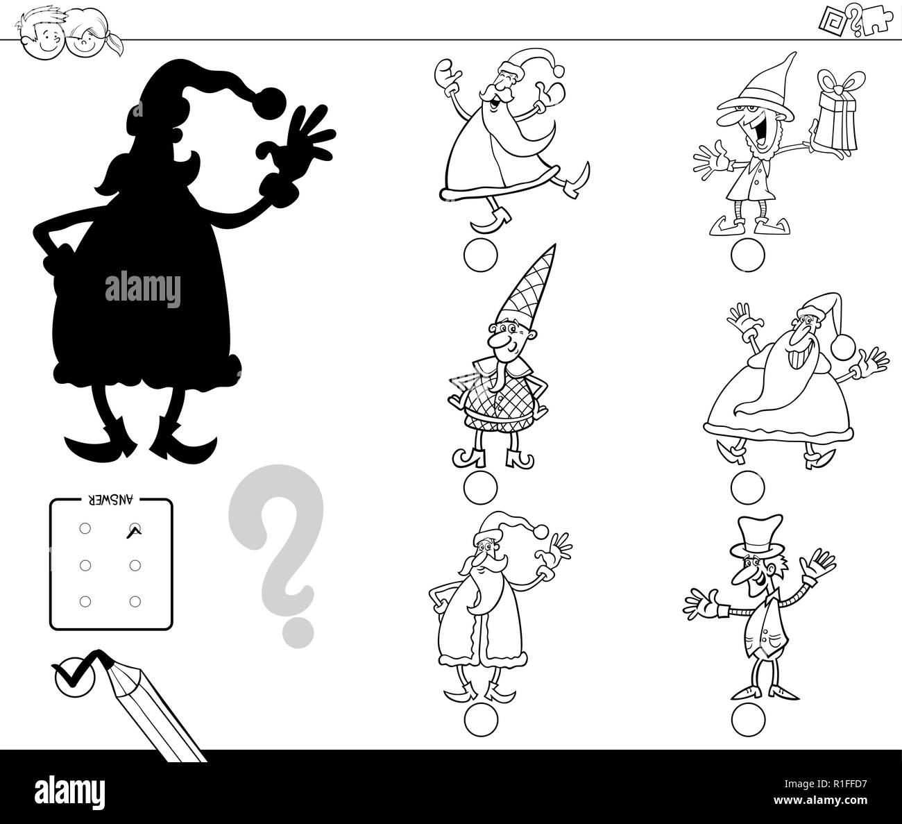 Bianco e Nero Cartoon illustrazione di trovare la giusta ombra attività educative per i bambini con personaggi natalizi libro da colorare Illustrazione Vettoriale