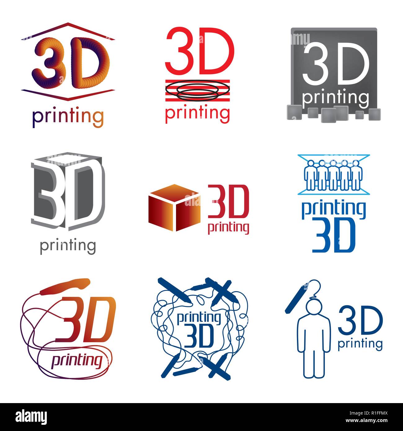 Vettore logo impostare la stampa 3D e 3D delle penne Illustrazione Vettoriale