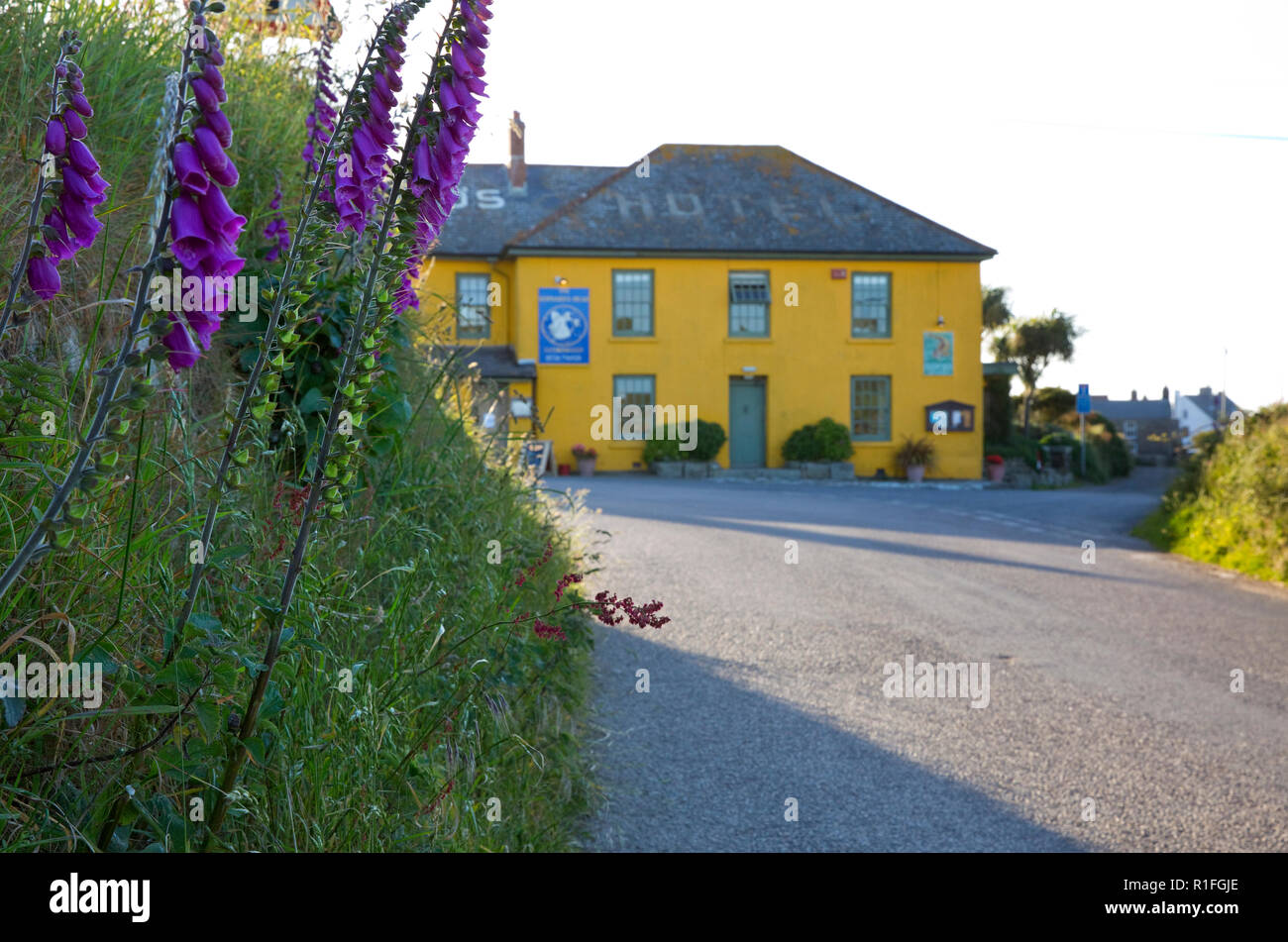 Distintivo giallo dipinto emote country hotel, bar e ristorante, il cappone di testa, Treen, tra Morvah e St Ives, Cornwall, Inghilterra Foto Stock