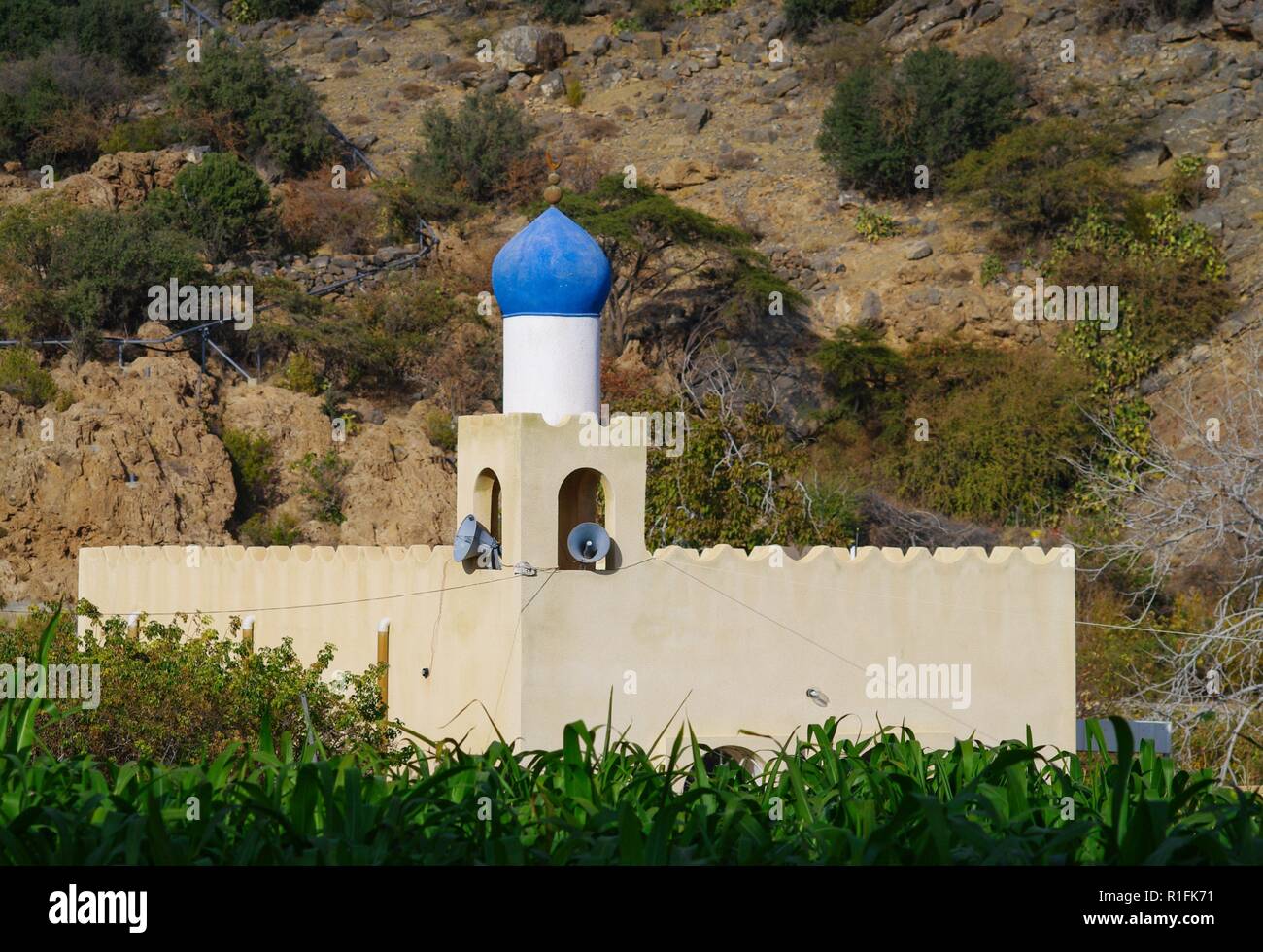 Muscat Oman. 23 Nov, 2012. Di fronte ad una parete di roccia in montagne Hajar sorge questa moschea in Oman. Elaborare e architettura artistica in varie forme, ma sempre impressionante, caratterizza le case di preghiera con i loro minareti. | Utilizzo di credito in tutto il mondo: dpa/Alamy Live News Foto Stock