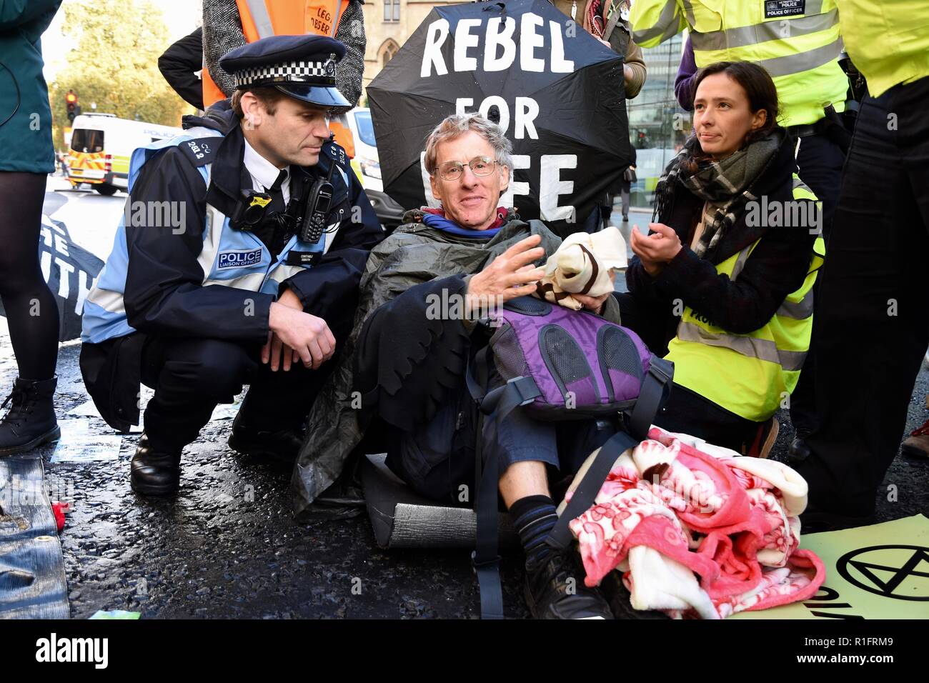 Londra, Regno Unito. 12 Novembre, 2018. I manifestanti di cui nella strada fermando il traffico fino a quando la polizia li rimosso,il cambiamento climatico protesta organizzata dalla ribellione di estinzione,una Giornata di disobbedienza civile è prevista per sabato,Victoria Street,London.UK Credit: Michael melia/Alamy Live News Foto Stock