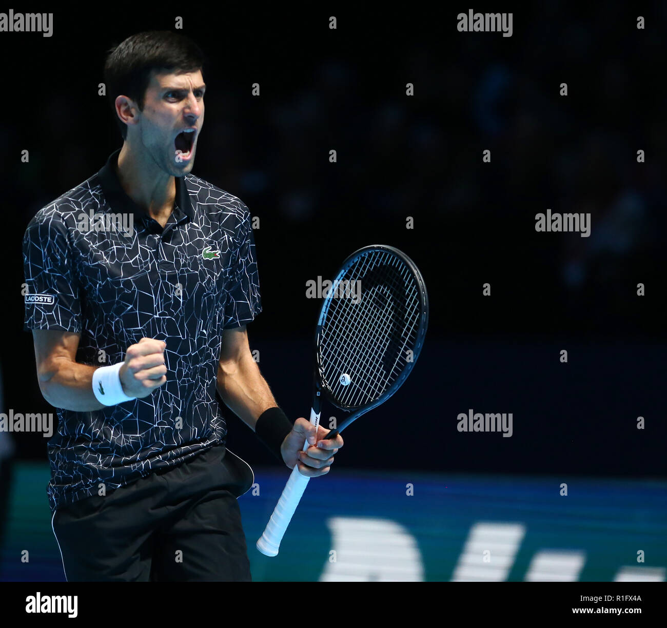 Londra, Regno Unito. Novembre 12, 2018. Novak Djokovic (SRB) celebra la sua vittoria su John Isner (USA) durante il giorno Due single di Nitto ATP World Tour Finals giocato all'O2 Arena di Londra il 12 novembre 2018. Azione di Credito Foto Sport Credit: Azione Foto Sport/Alamy Live News Foto Stock