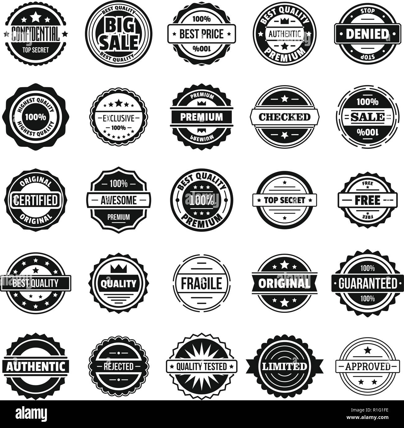 Badge vintage e etichette stamp set di icone. Semplice illustrazione del 25 vintage badge e etichetta timbri icone vettoriali per il web Illustrazione Vettoriale