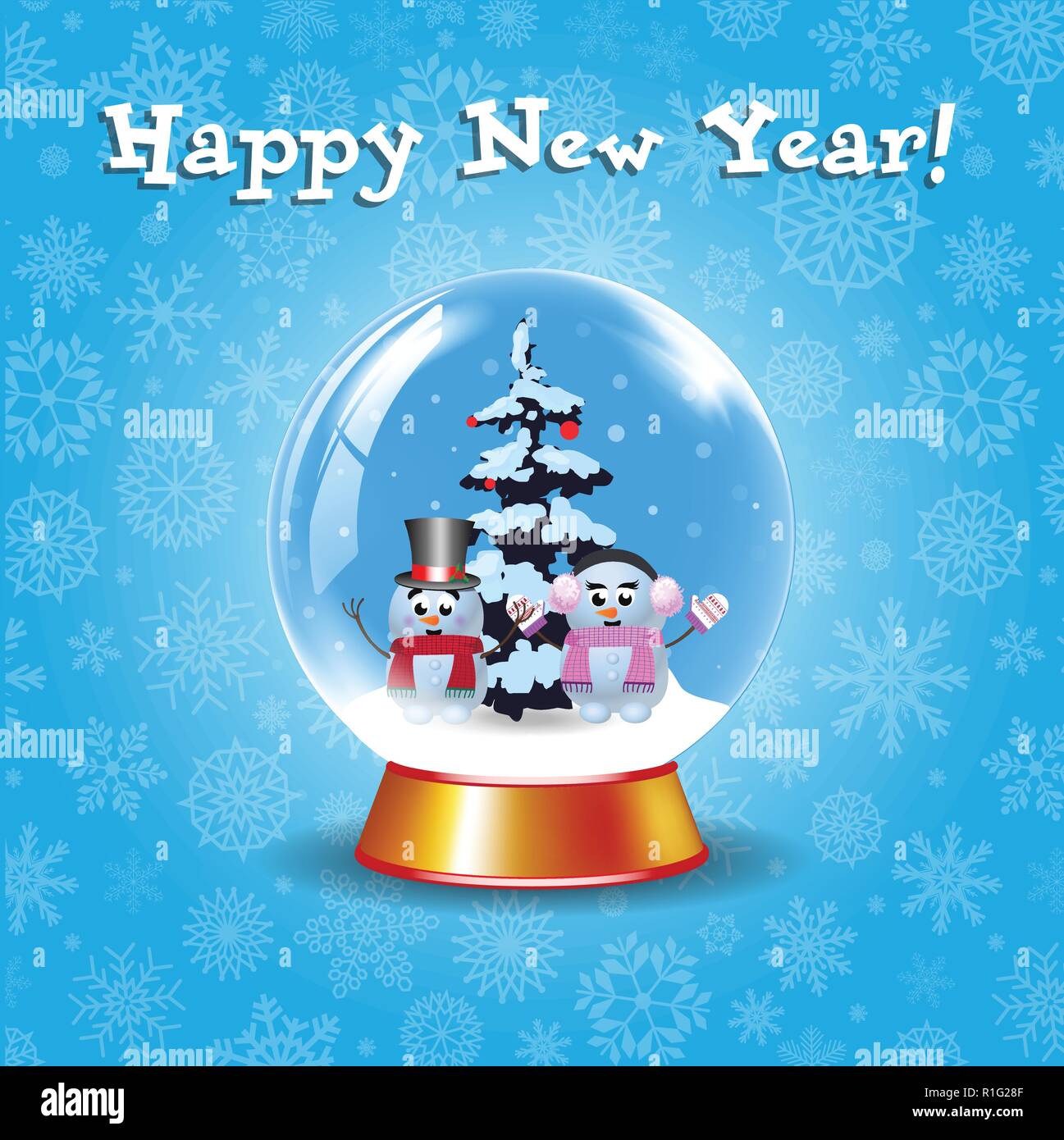 Felice anno nuovo biglietto di auguri con cristalli di neve globo con coppia di Simpatici pupazzi di neve e abete su inverno blu sullo sfondo innevato e carino di fiocchi di neve. Vec Illustrazione Vettoriale