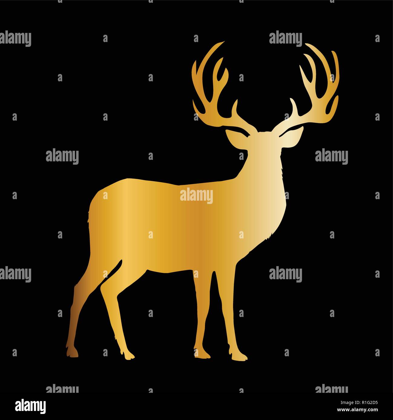 Silhouette di oro di renne con grandi corna isolati su sfondo nero. Illustrazione Vettoriale, icona, clip art, segno e simbolo di cervi per la progettazione. Illustrazione Vettoriale