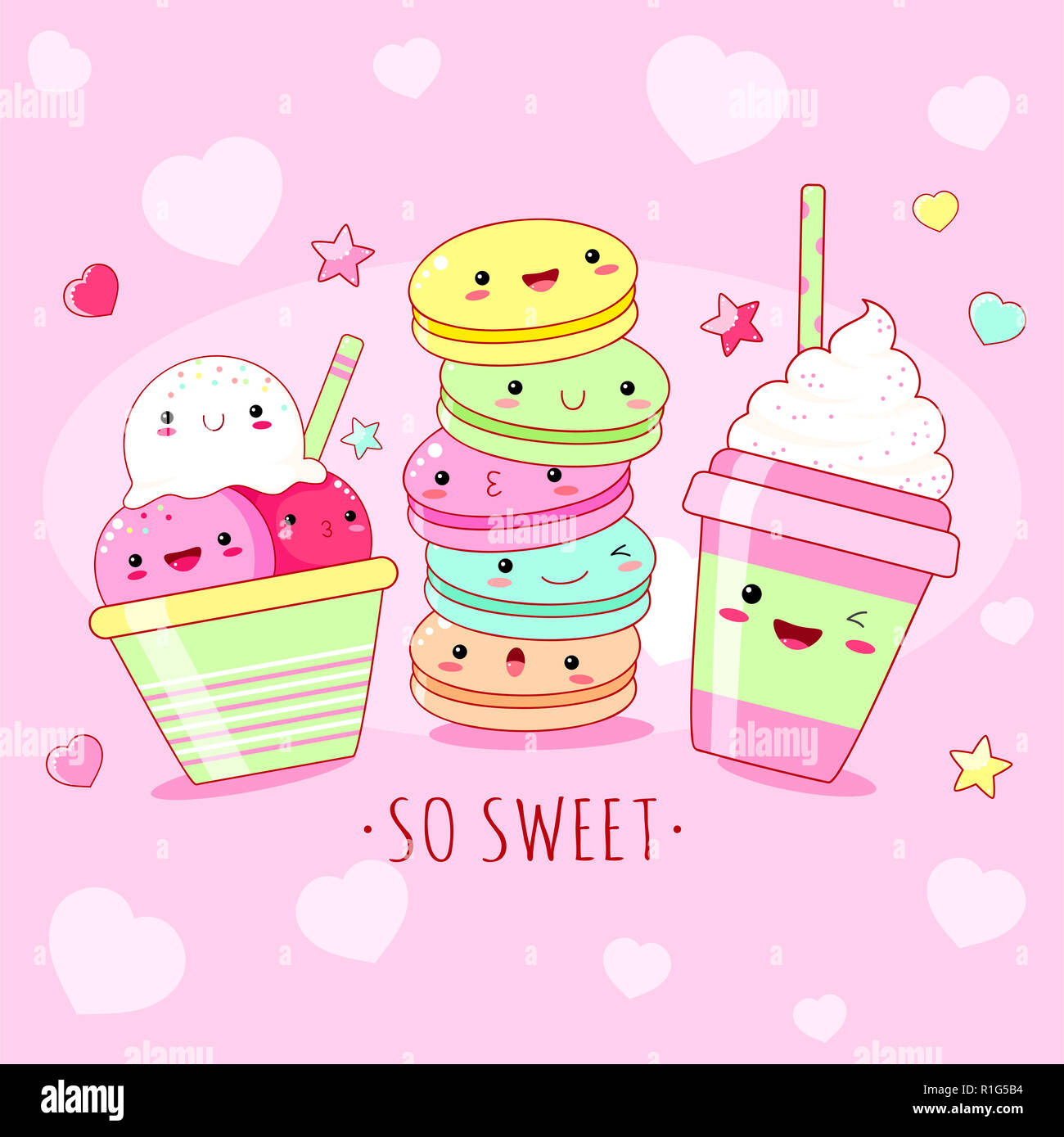 Divertenti con sfondo carino dolce icone in stile kawaii con volto sorridente e guance di rosa. Iscrizione così dolce, gelato, cap e macaron. EPS8 Foto Stock