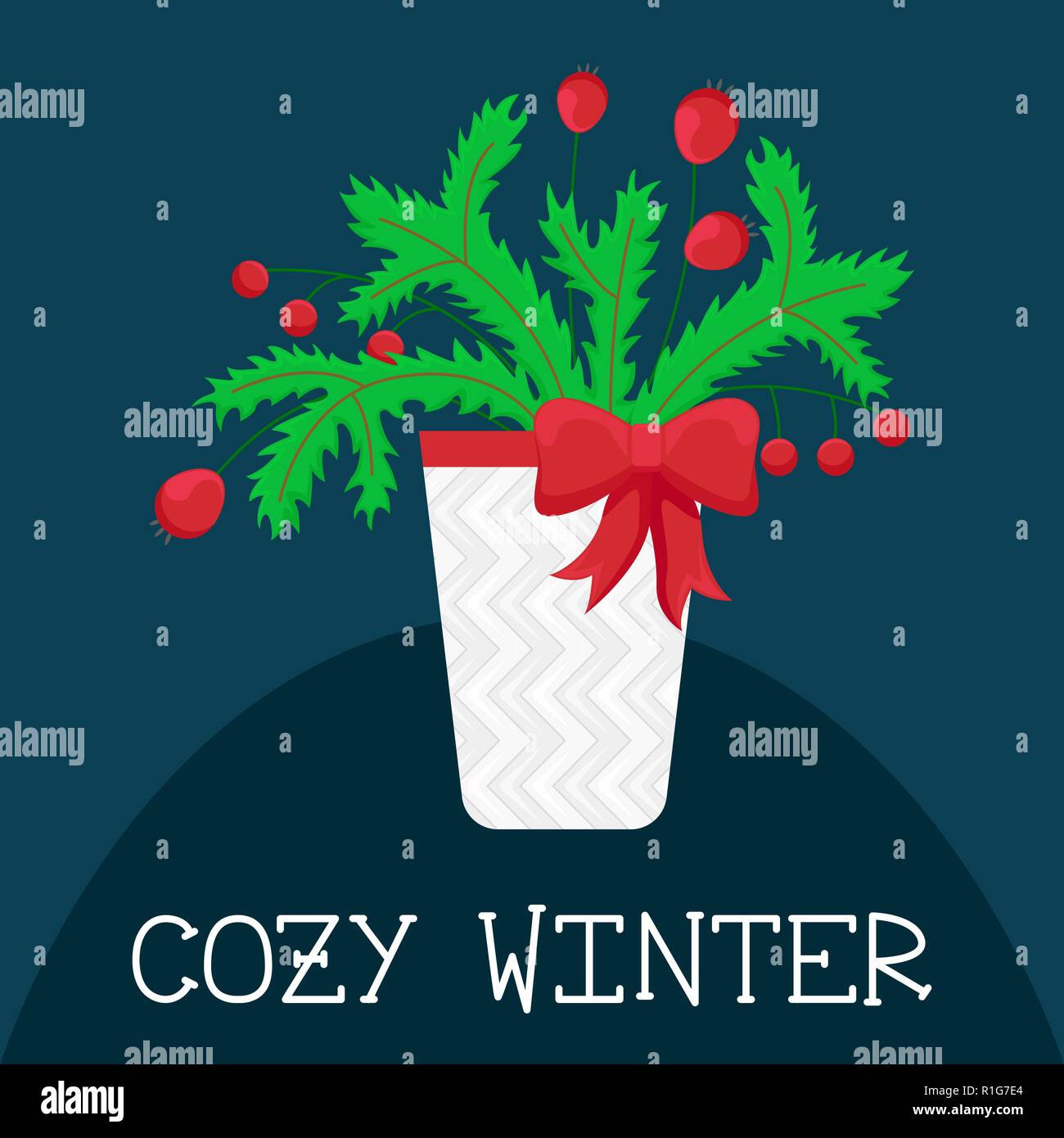 Inverno biglietto di auguri in appartamento in stile cartone animato. I rami degli alberi con bacche rosse in un secchio con un coperchio a maglia e una prua. Accogliente d'inverno. Illustrazione Vettoriale