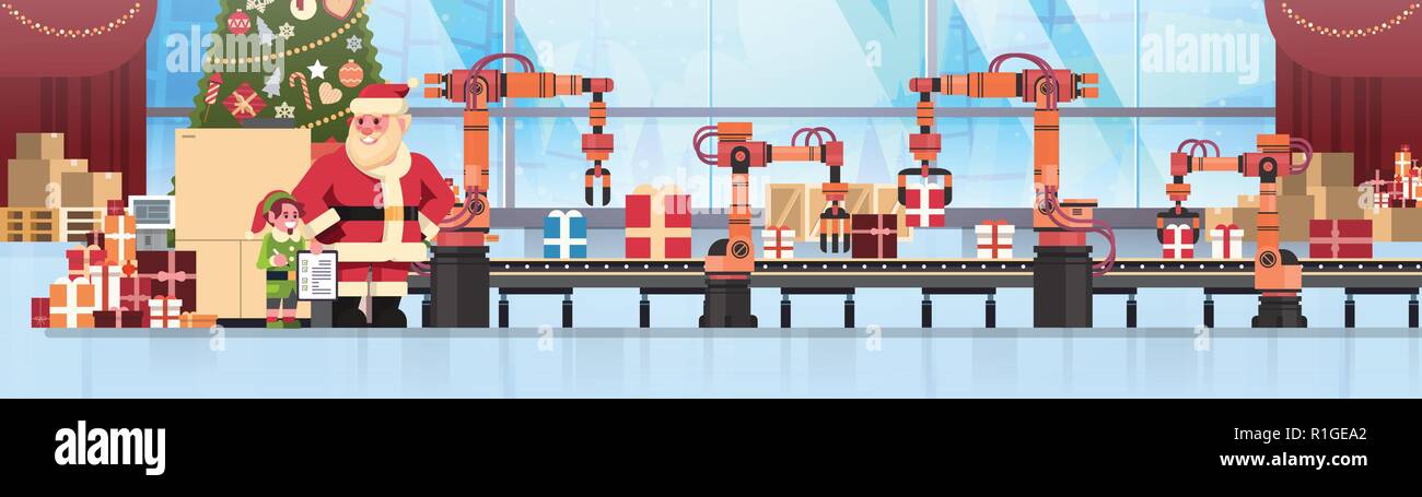 Santa Claus elf helper checklist per tenere il sistema di trasporto dell'industria anno nuovo buon natale concetto orizzontale piana banner illustrazione vettoriale Illustrazione Vettoriale