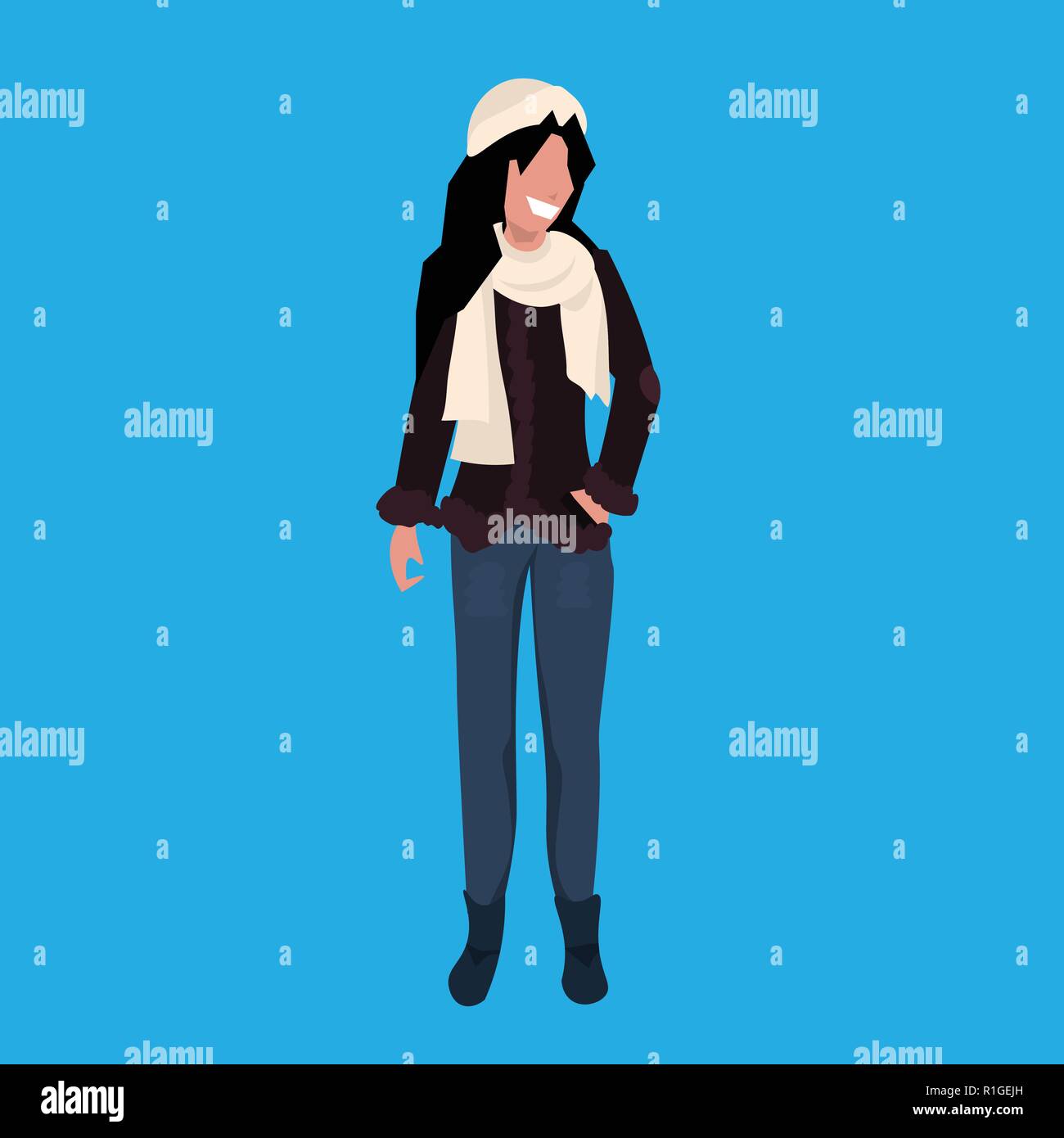 Donna che indossa abbigliamento invernale femmina personaggio dei cartoni animati a lunghezza piena sfondo blu flat Illustrazione Vettoriale