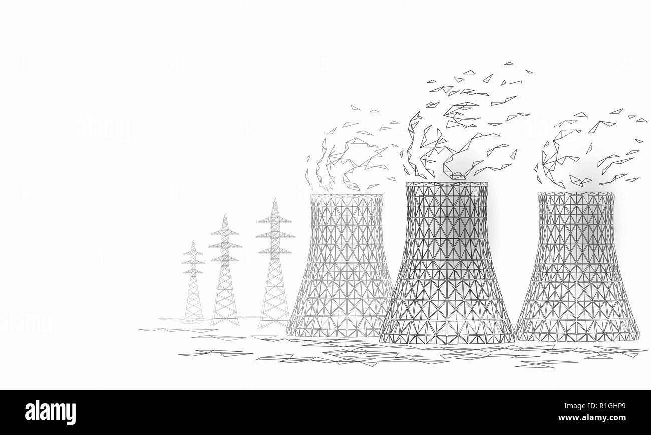 Centrale nucleare torre di raffreddamento bassa poli. 3D render ecologia inquinamento salvare il pianeta ambiente triangolo concetto poligonale. Radioattivi reattore nucleare di elettricità illustrazione vettoriale Illustrazione Vettoriale