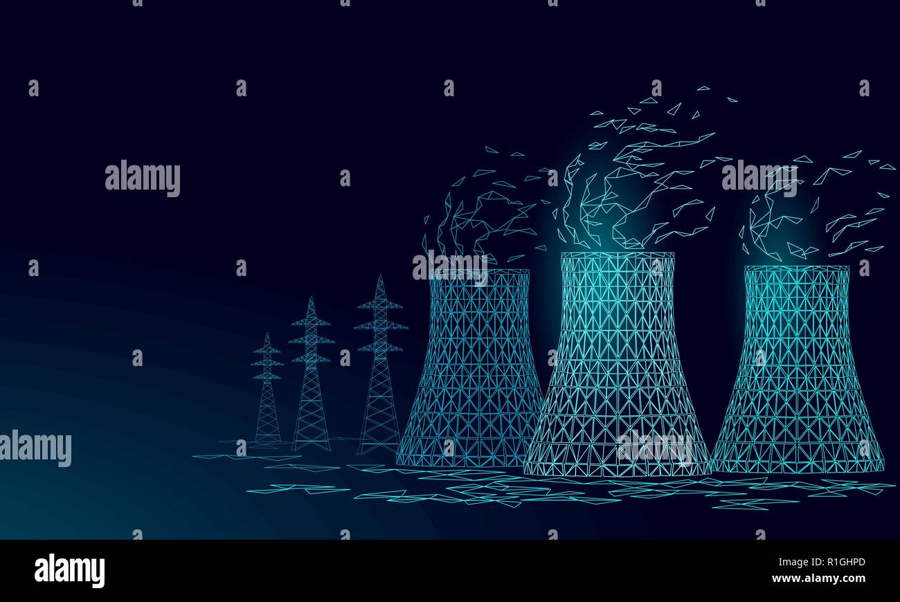 Centrale nucleare torre di raffreddamento bassa poli. 3D render ecologia inquinamento salvare il pianeta ambiente triangolo concetto poligonale. Radioattivi reattore nucleare di elettricità illustrazione vettoriale Illustrazione Vettoriale
