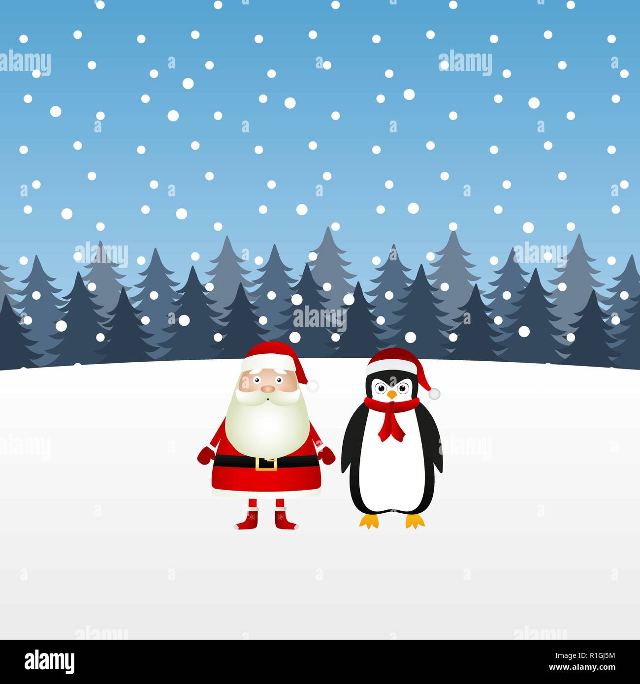 Babbo Natale e un pinguino in una foresta di Natale Illustrazione Vettoriale