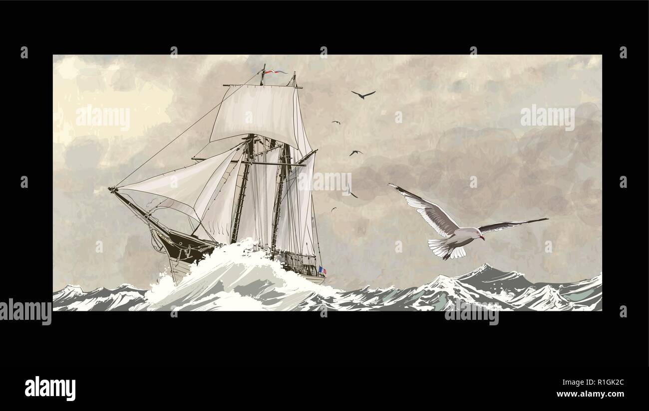 Vecchia nave a vela su un mare agitato - illustrazione vettoriale Illustrazione Vettoriale