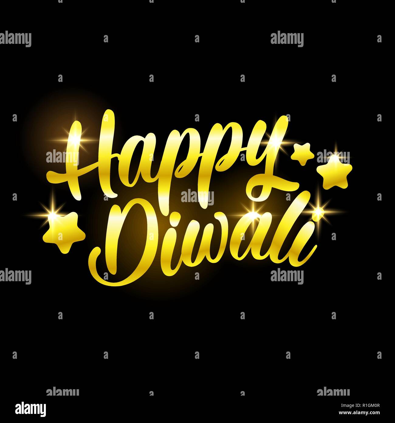 Golden felice Diwali congratulazioni con stelle su sfondo nero Illustrazione Vettoriale