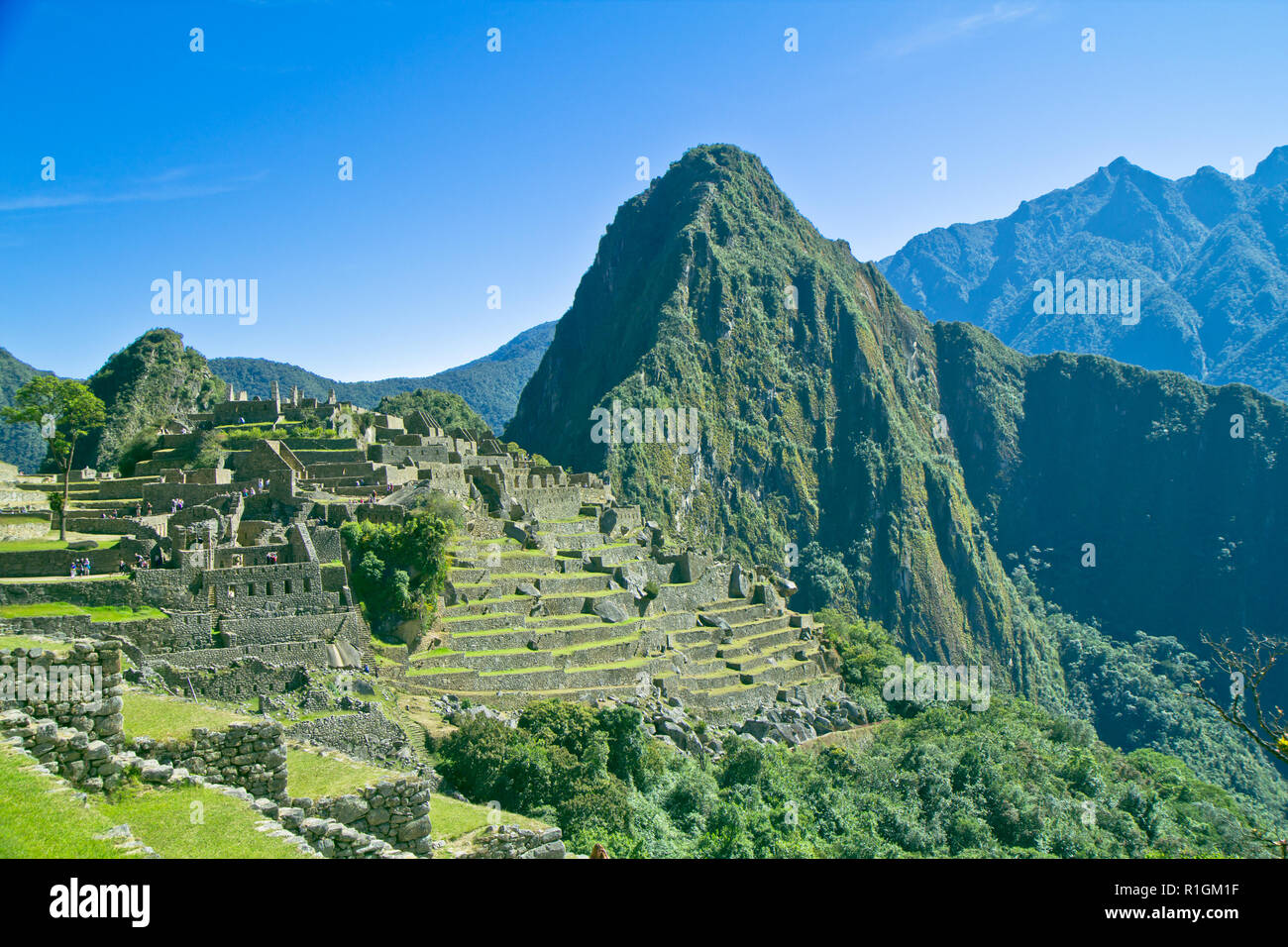 Machu Picchu, una cittadella Inca è impostata su un livello elevato nella catena delle Ande, Perù, sopra il fiume Urubamba valley. Costruito nel XV secolo e successivamente abandonded Foto Stock